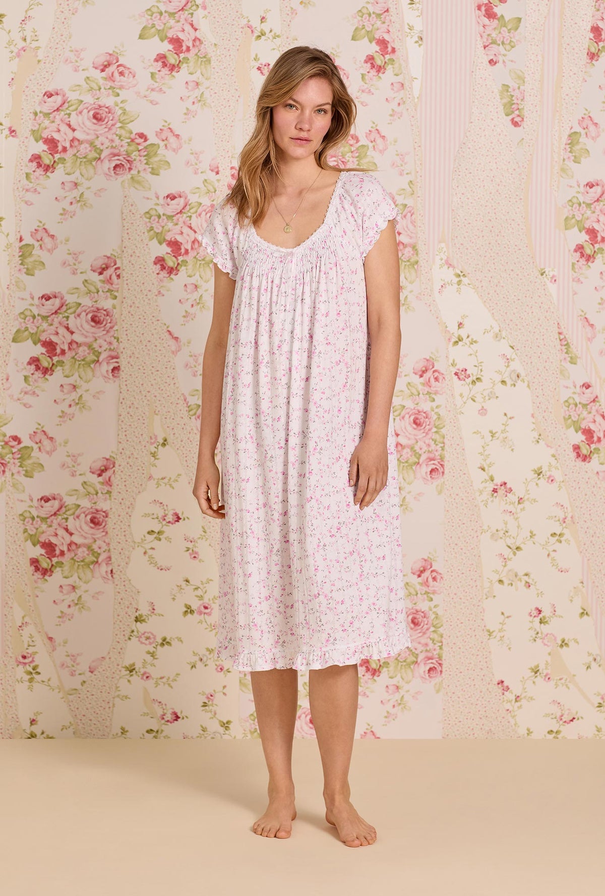 A  lady wearing Rosevine Whisper Cotton Pointelle Waltz Nightgown
