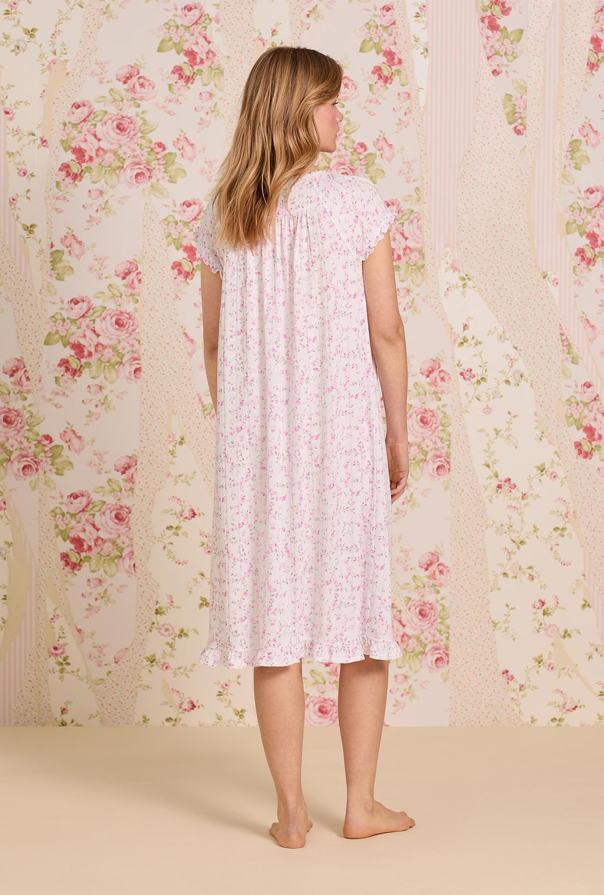 A  lady wearing Rosevine Whisper Cotton Pointelle Waltz Nightgown