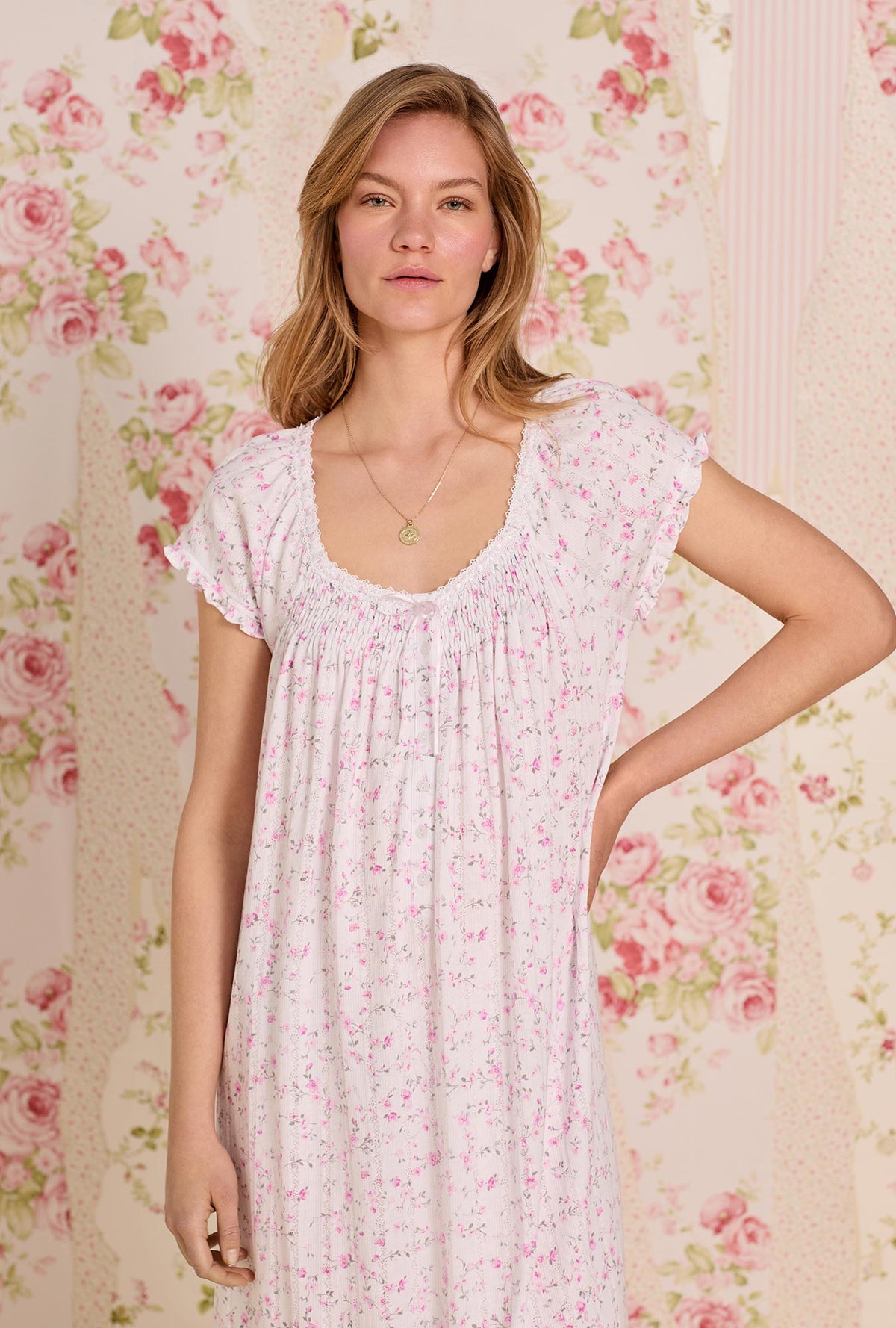 A  lady wearing Rosevine Whisper Cotton Pointelle Waltz Nightgown