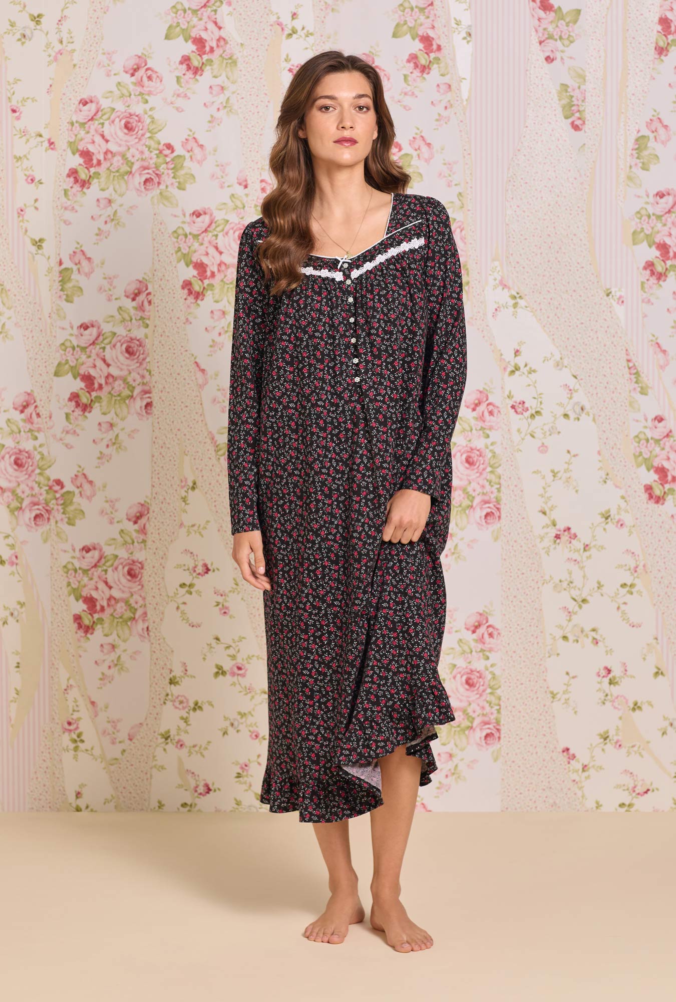 A Lady wearing Bordeaux Bloom Cotton Knit Long Sleeve Ballet Nightgown