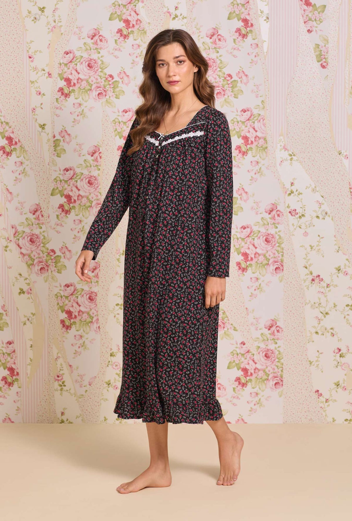 A Lady wearing Bordeaux Bloom Cotton Knit Long Sleeve Ballet Nightgown