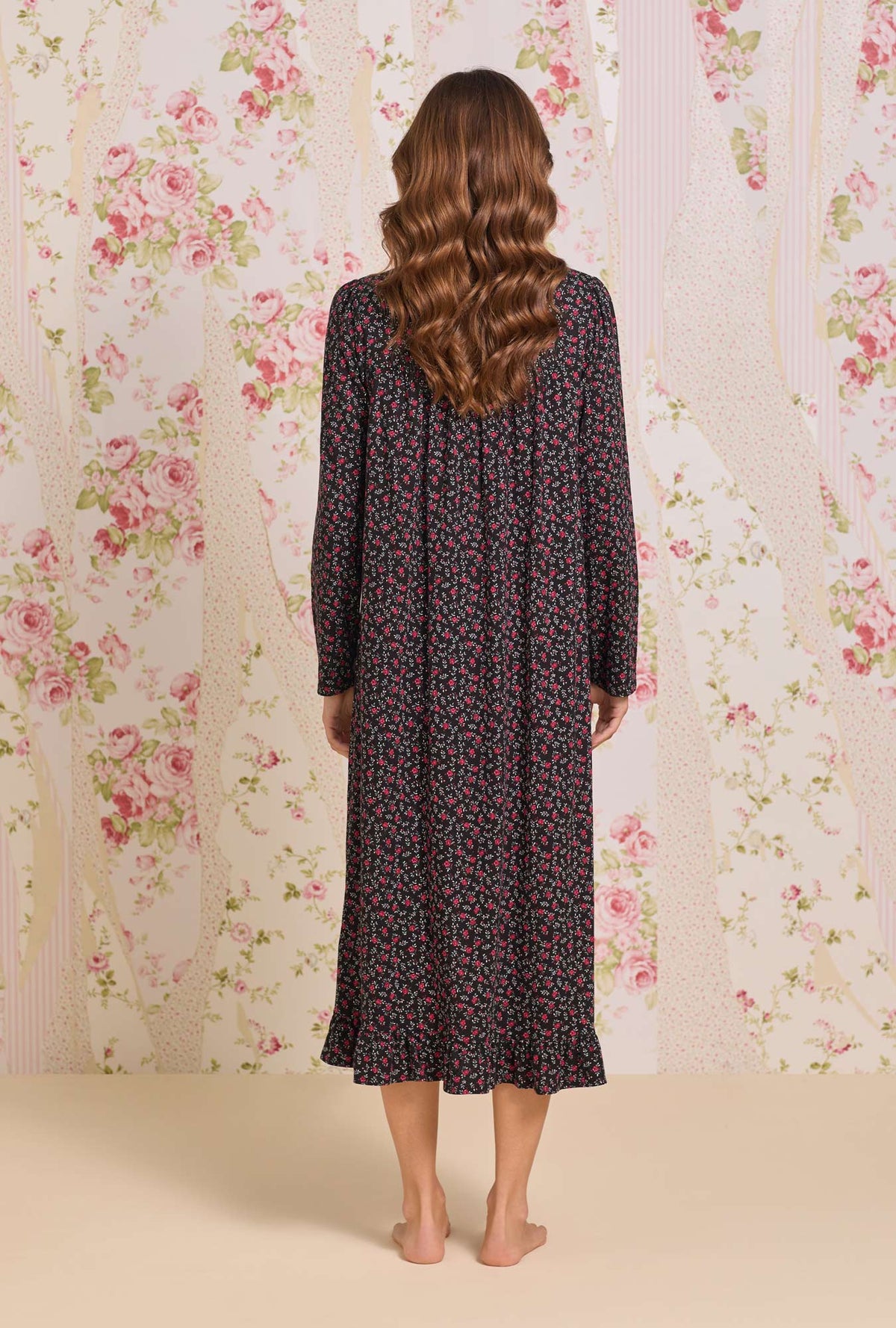 A Lady wearing Bordeaux Bloom Cotton Knit Long Sleeve Ballet Nightgown