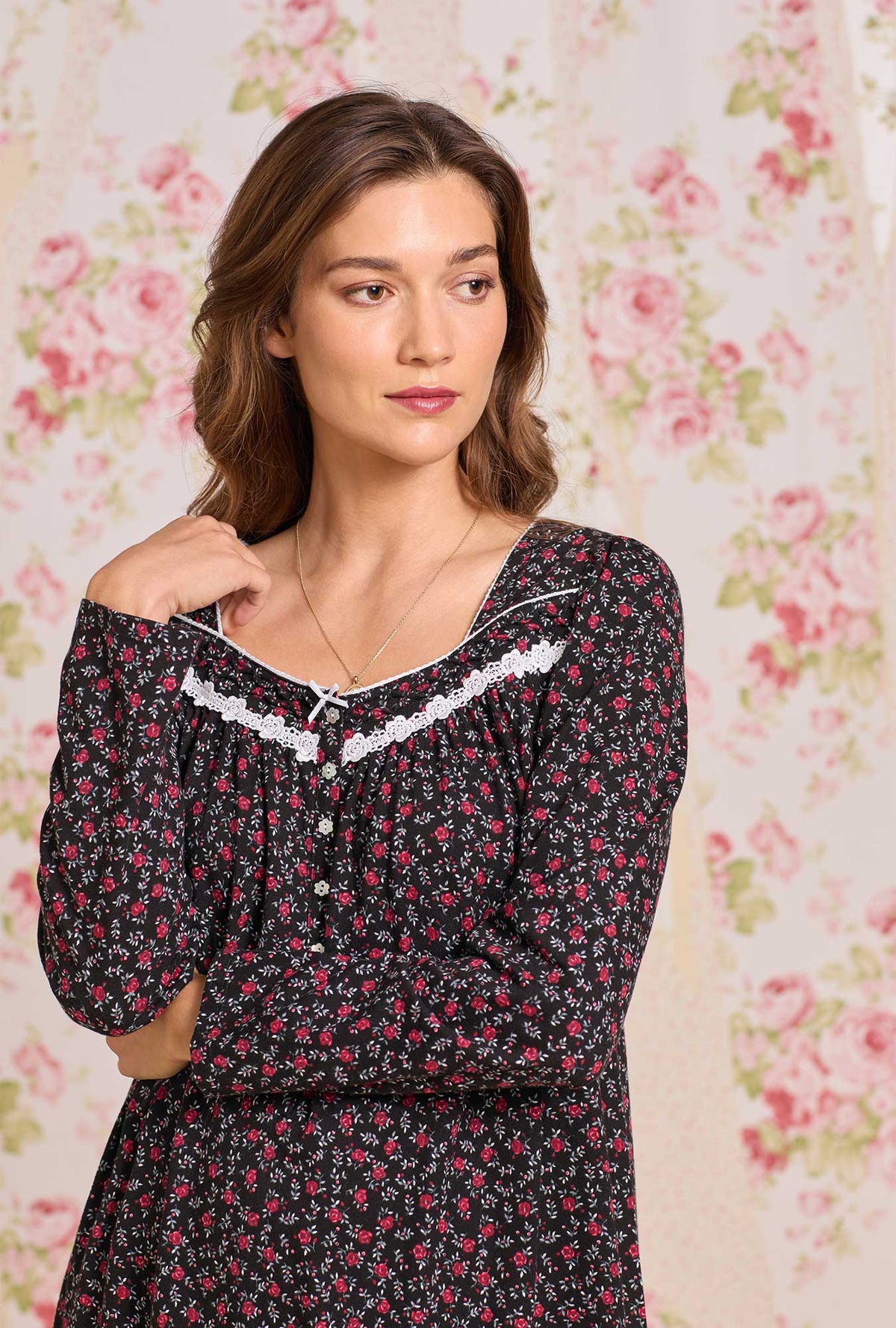 A Lady wearing Bordeaux Bloom Cotton Knit Long Sleeve Ballet Nightgown
