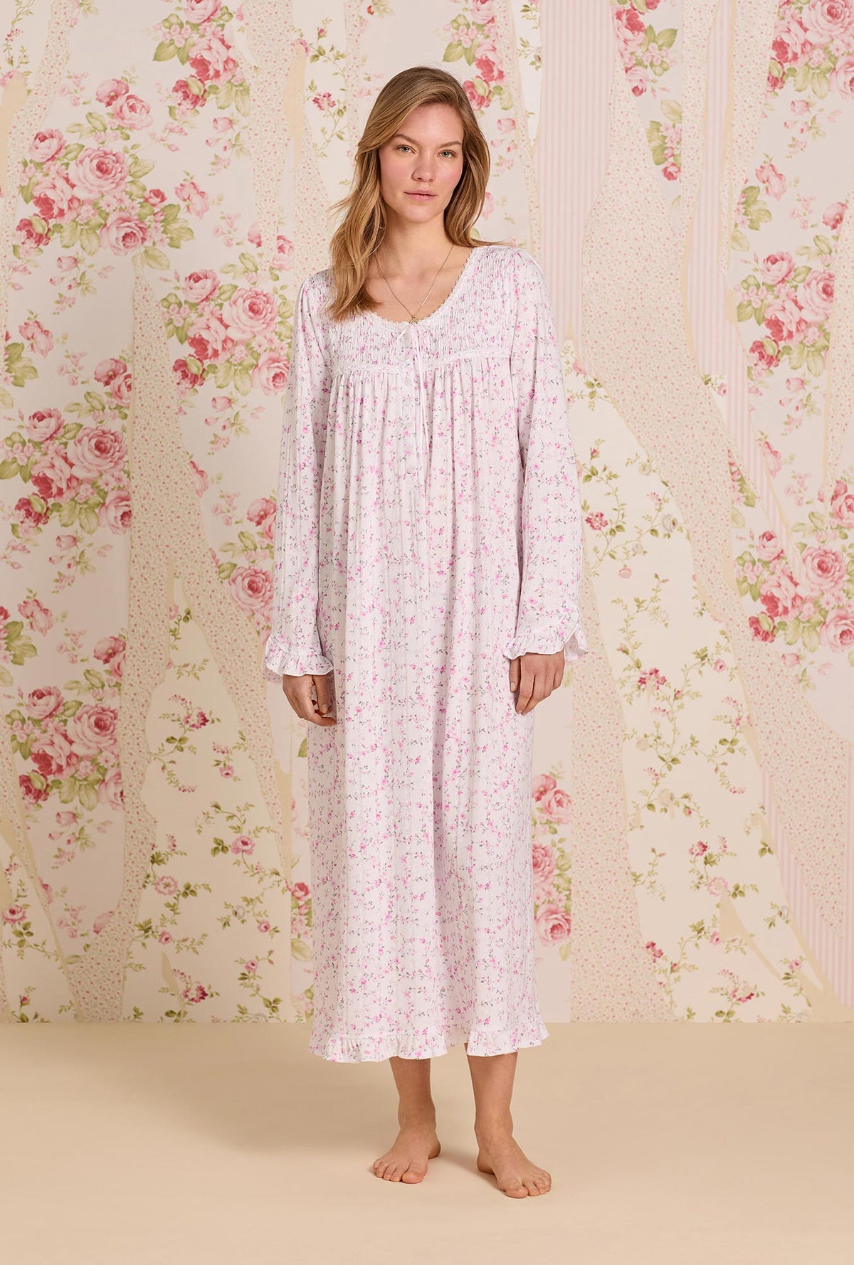 A lady wearing Rosevine Whisper Cotton Pointelle Long Sleeve Ballet Nightgown