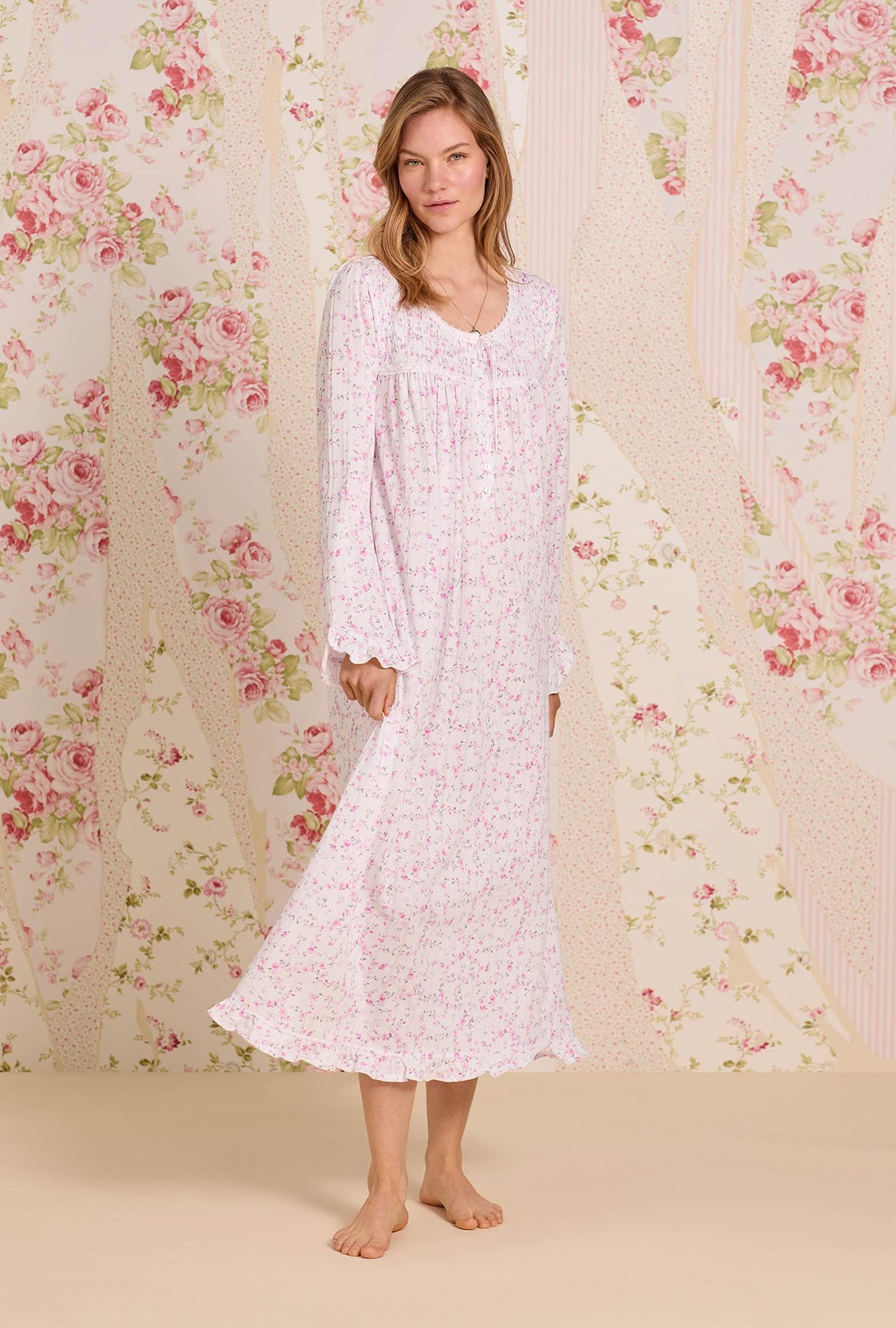A lady wearing Rosevine Whisper Cotton Pointelle Long Sleeve Ballet Nightgown