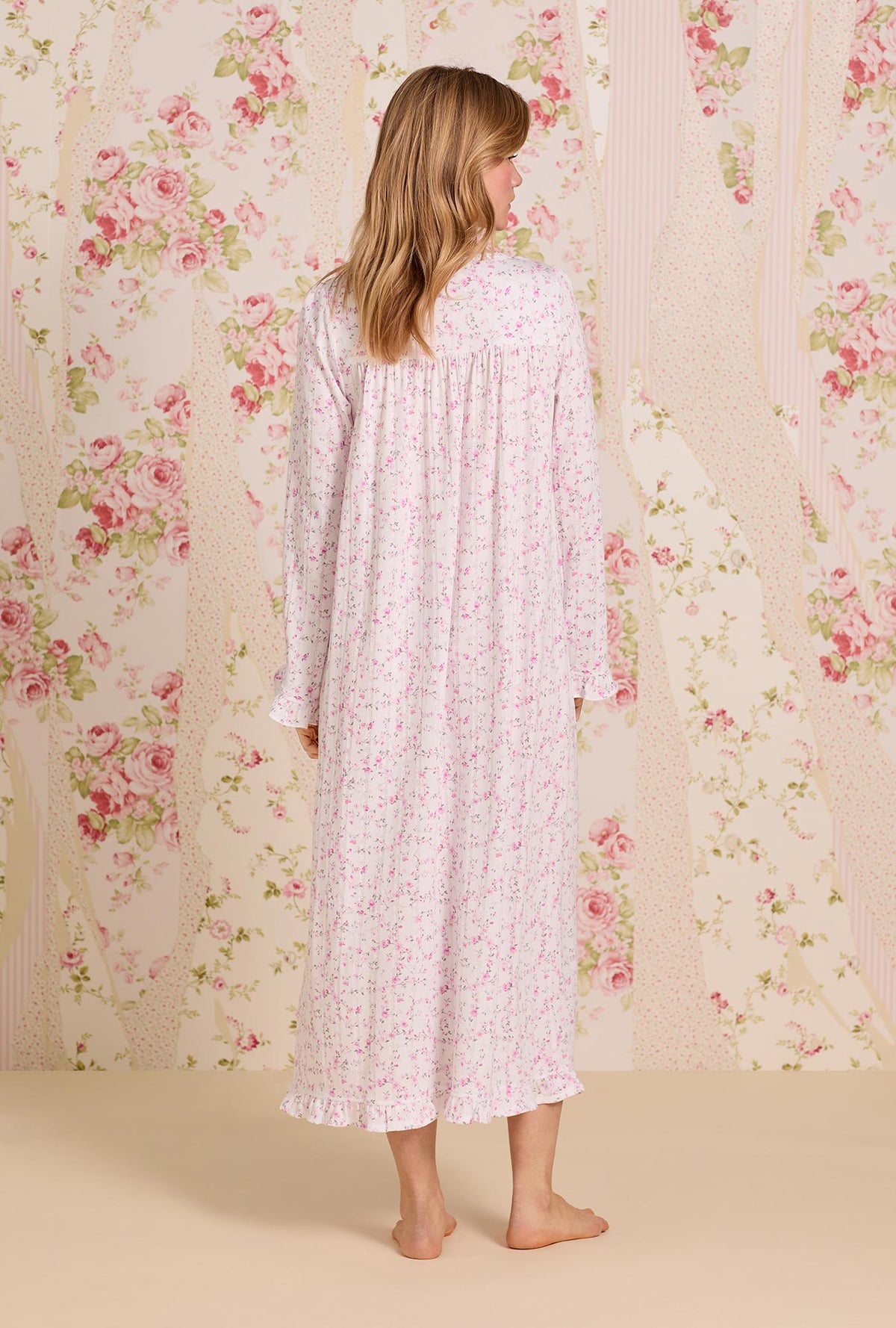 A lady wearing Rosevine Whisper Cotton Pointelle Long Sleeve Ballet Nightgown