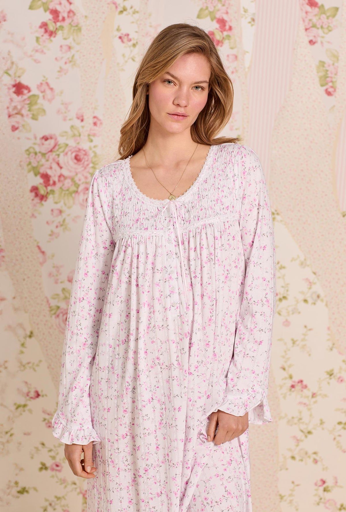 A lady wearing Rosevine Whisper Cotton Pointelle Long Sleeve Ballet Nightgown