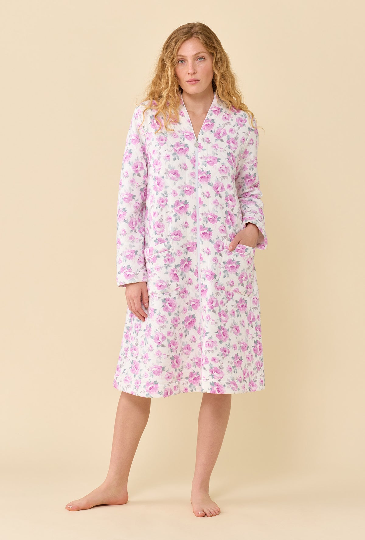 A lady wearing Antique Rose Cotton Rich Diamond Quilt Waltz Zip Robe looking front