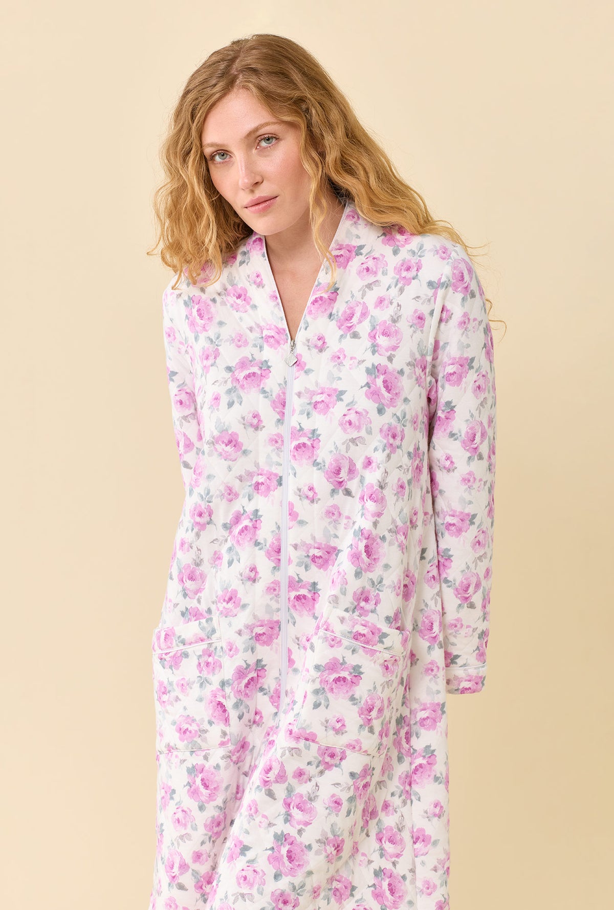 A lady wearing Antique Rose Cotton Rich Diamond Quilt Waltz Zip Robe closer look
