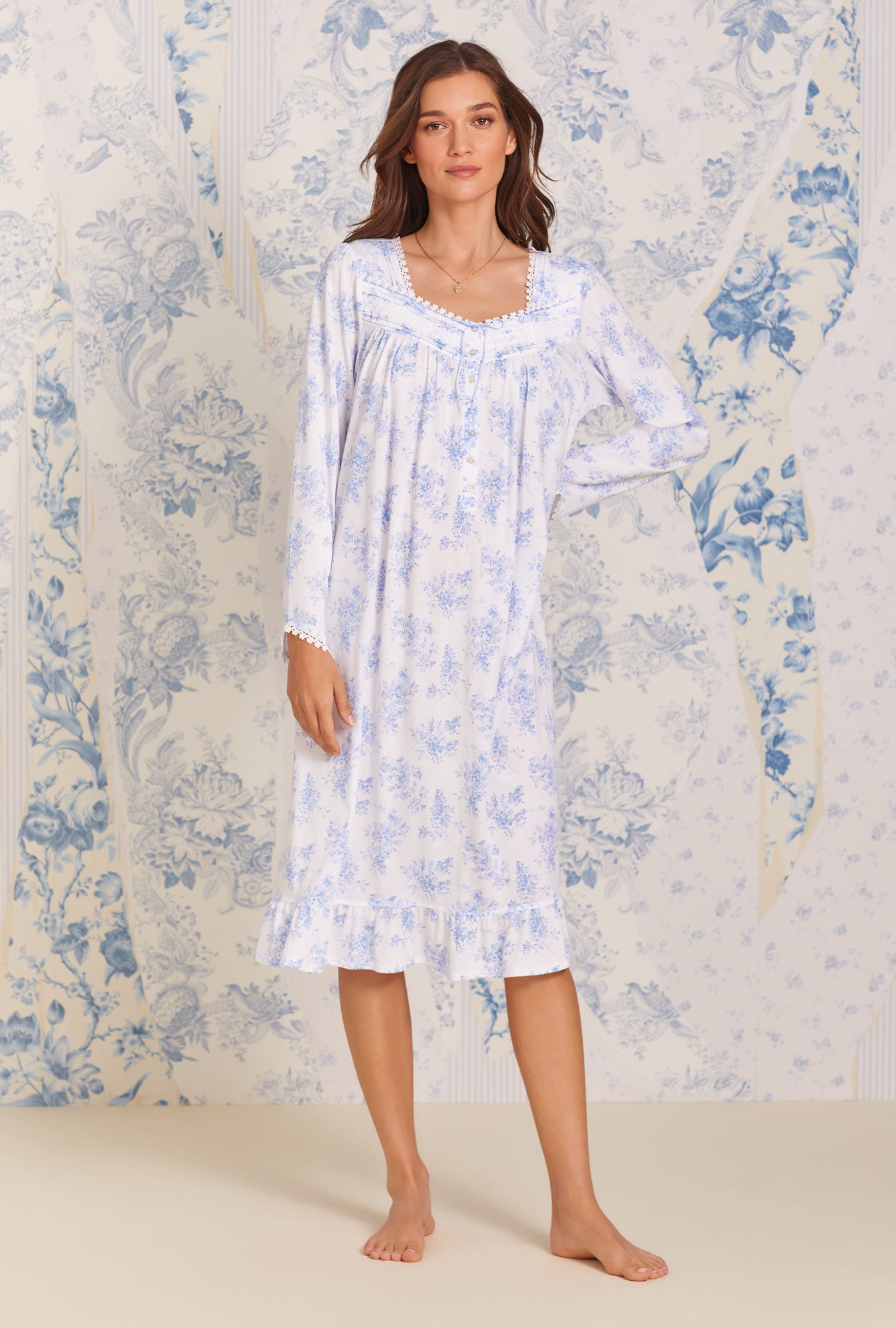 A lady wearing blue  Long Sleeve Nightgown with Whisper Blue Hydrangea print