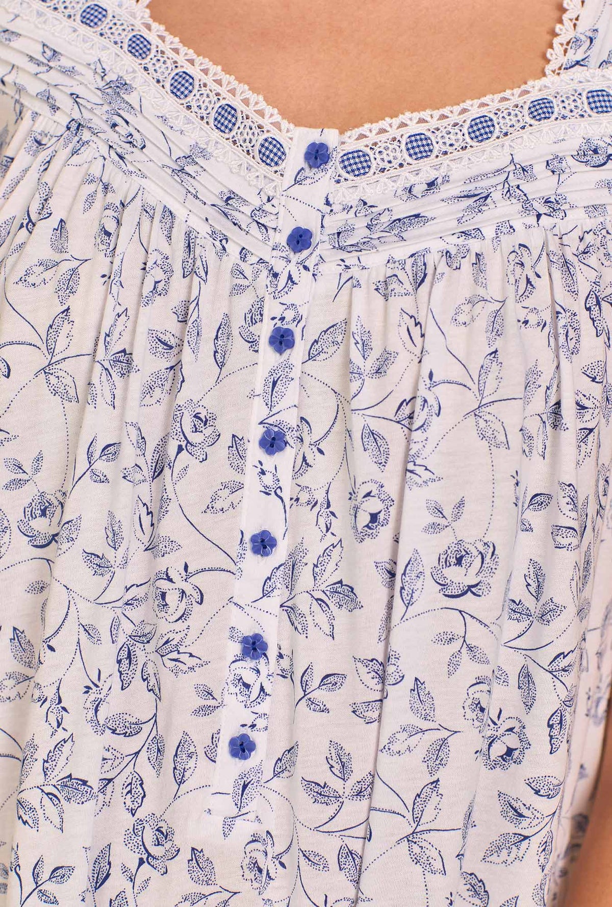 A lady wearing Heritage Rose Cotton Modal Cap Sleeve Waltz Nightgown closer look at fabric