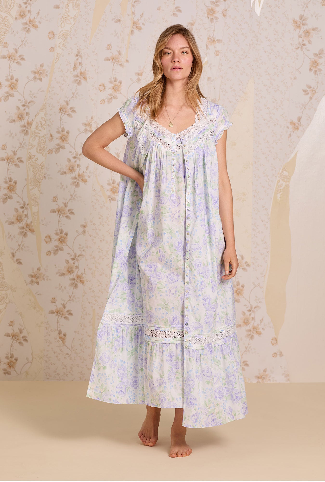 A lady wearing Lavender Echo Cotton Lawn Button Front Robe