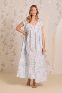 A lady wearing Lavender Echo Cotton Lawn Button Front Robe