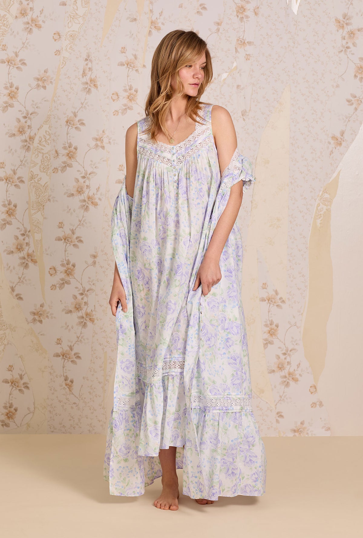 A lady wearing Lavender Echo Cotton Lawn Button Front Robe