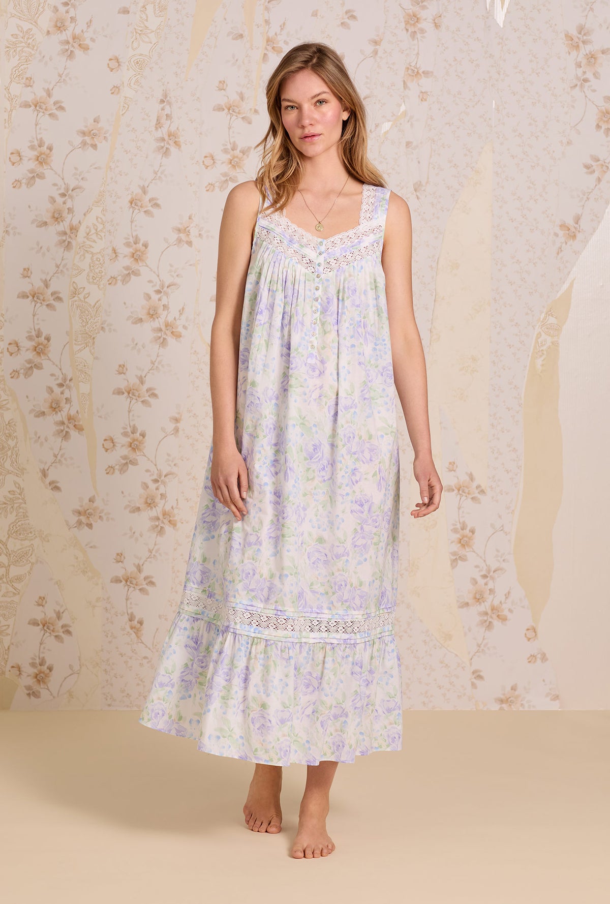 A lady wearing The &quot;Eileen&quot; Lavender Echo Cotton Lawn Ballet Nightgown