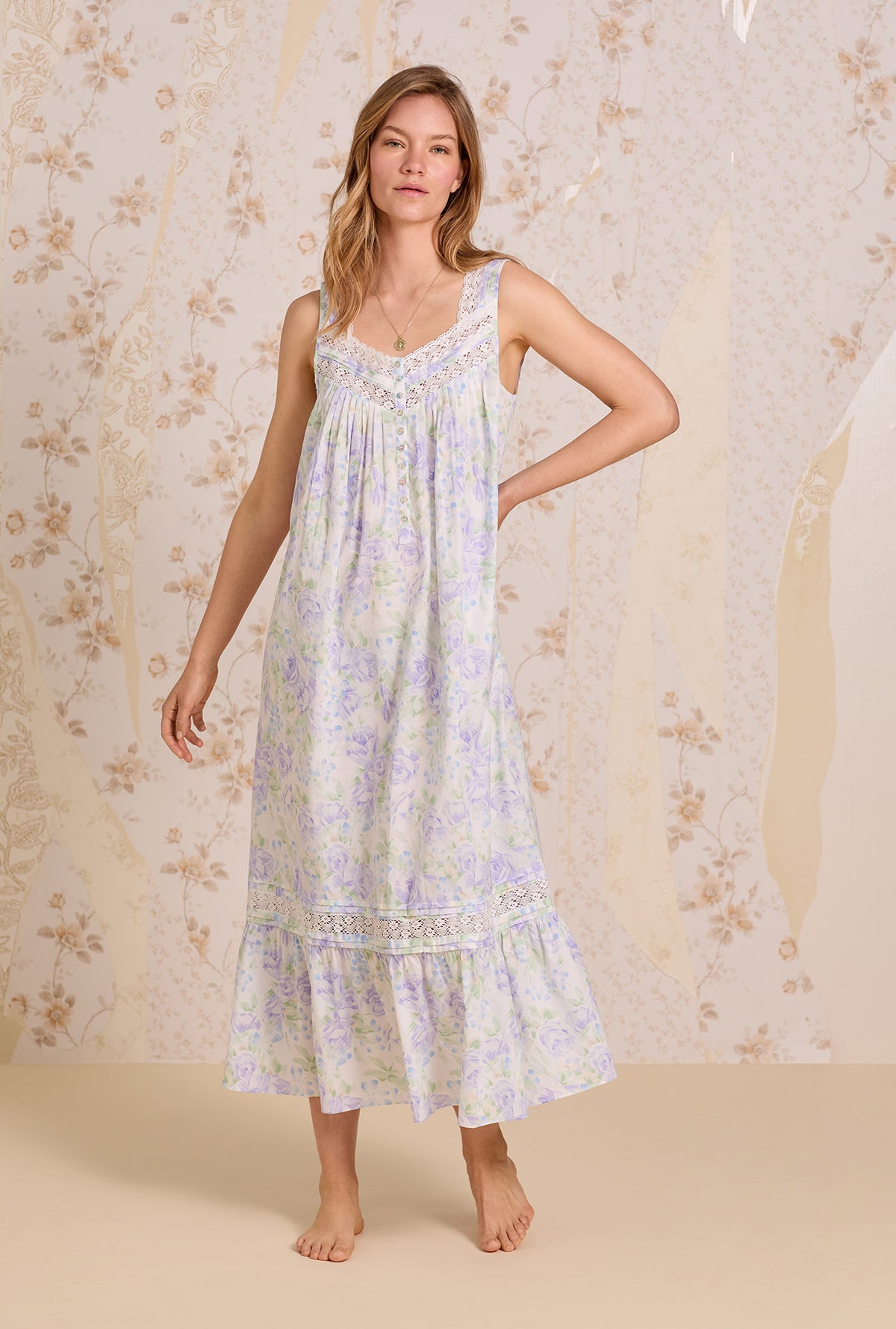 A lady wearing The &quot;Eileen&quot; Lavender Echo Cotton Lawn Ballet Nightgown