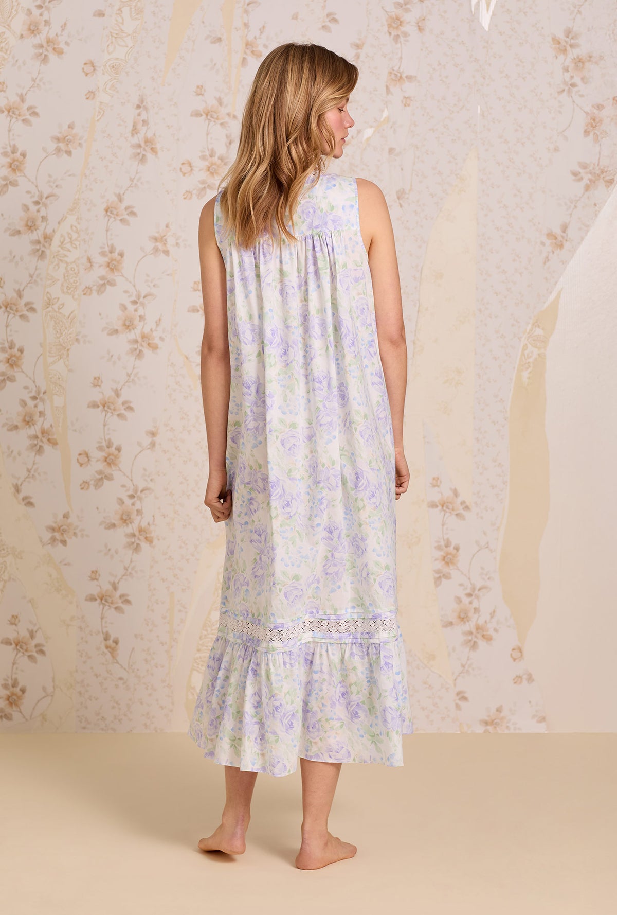 A lady wearing The &quot;Eileen&quot; Lavender Echo Cotton Lawn Ballet Nightgown