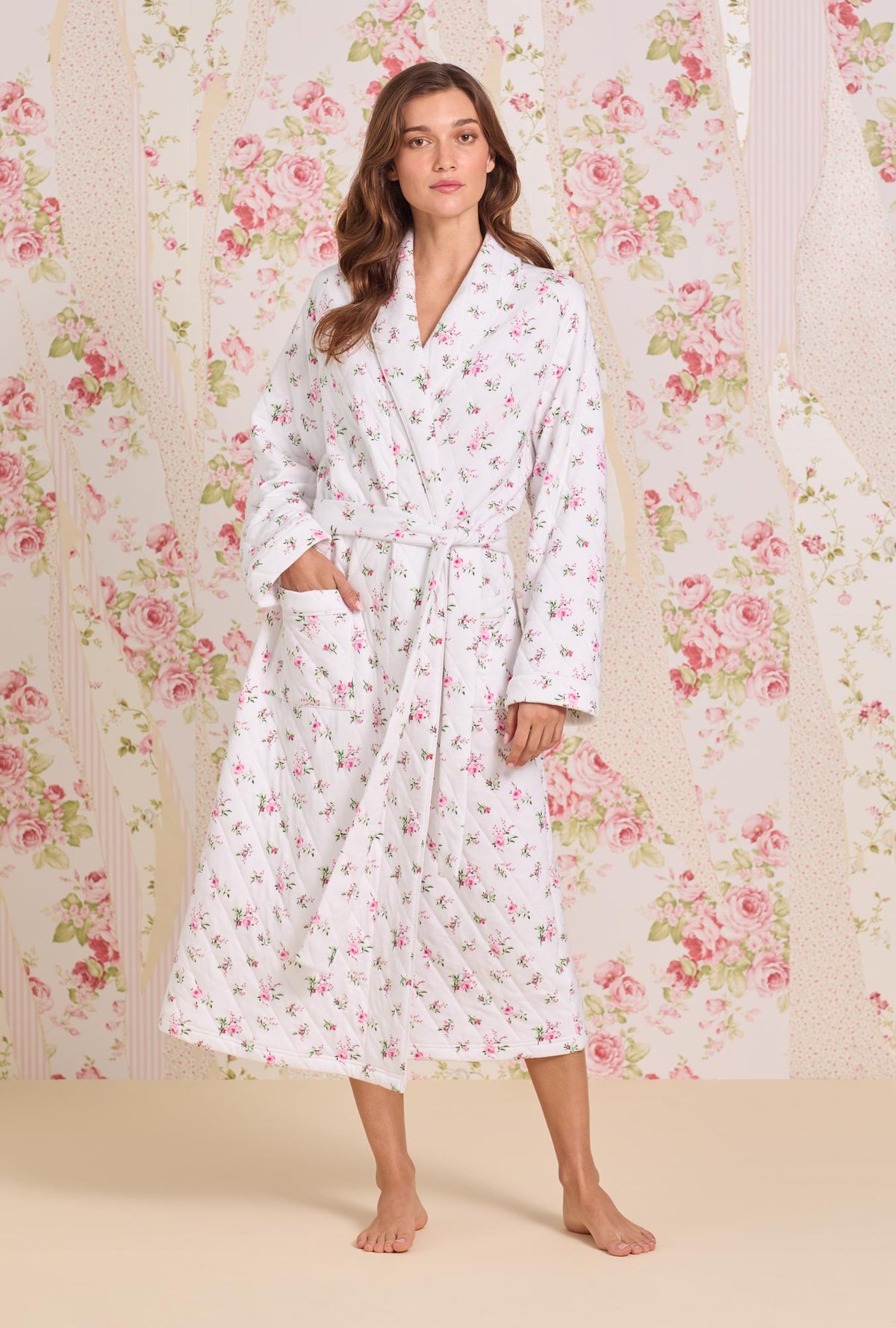 A Lady Wearing Rose Whispers Diamond Jacquard Wrap Robe Front view