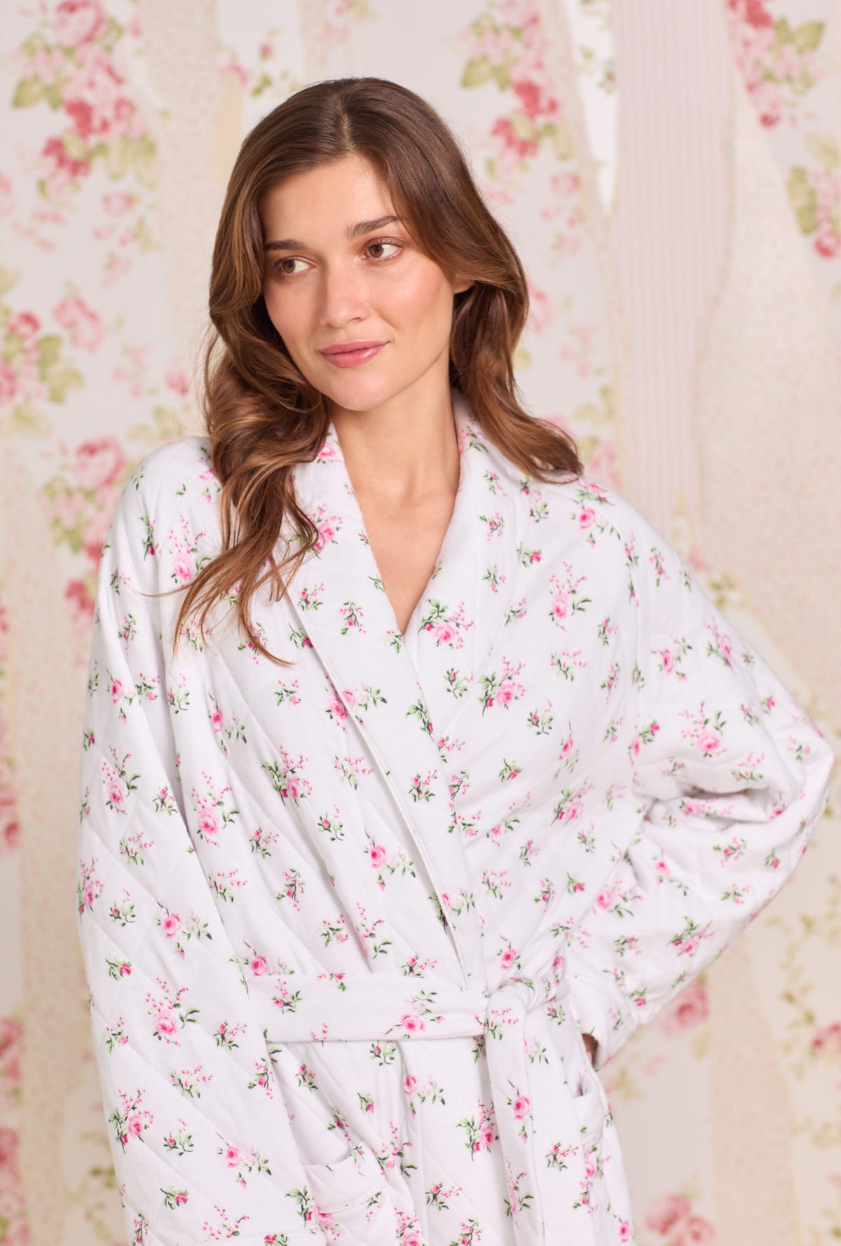 A Lady Wearing Rose Whispers Diamond Jacquard Wrap Robe Close up view