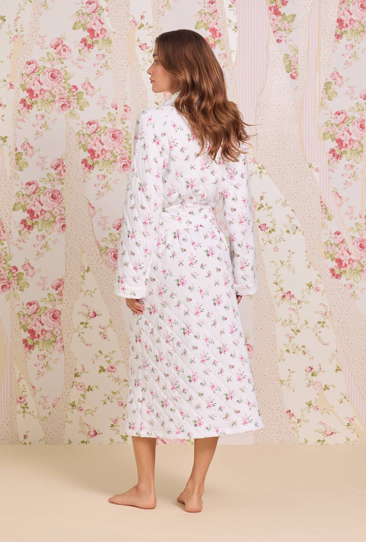 A Lady Wearing Rose Whispers Diamond Jacquard Wrap Robe Side Angle Back view