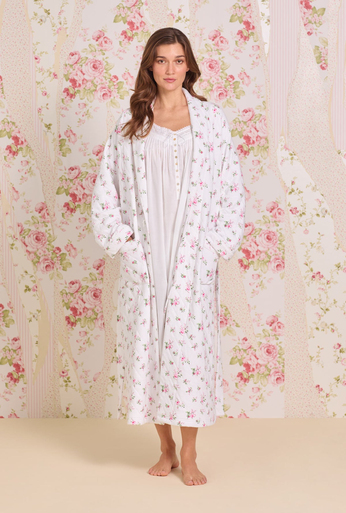 A Lady Wearing Rose Whispers Diamond Jacquard Wrap Robe Front view