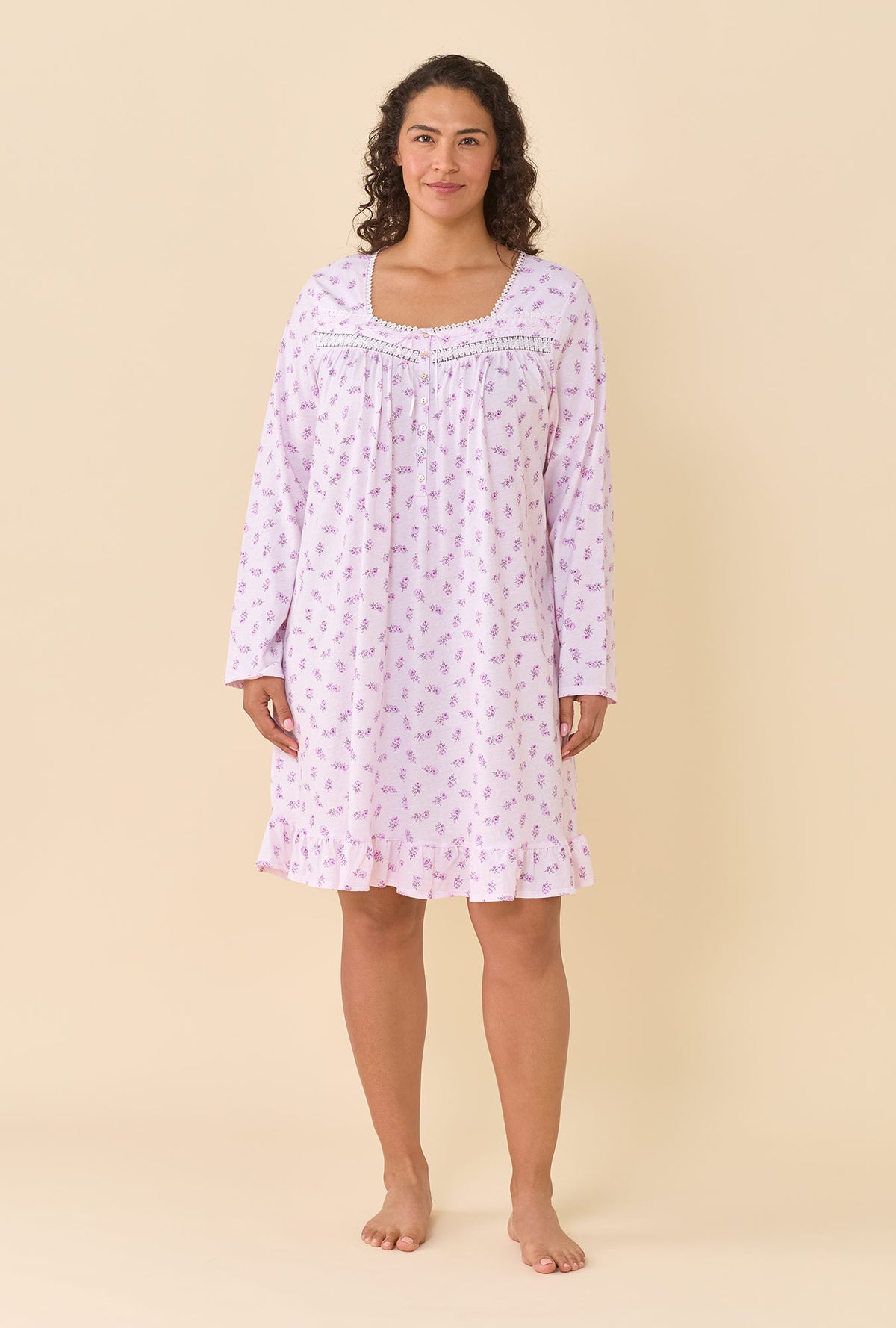 Cameo Ditsy 100% Cotton Jersey Knit Long Sleeve Chemise
