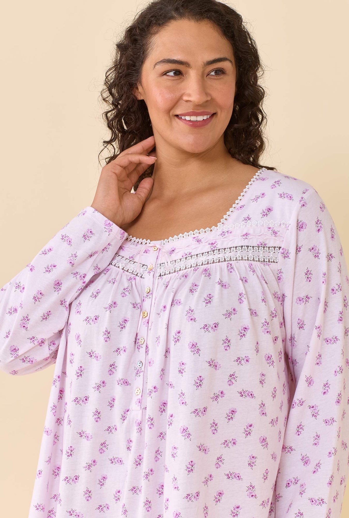 Scattered Floral 100% Cotton Jersey Knit Long Sleeve Chemise