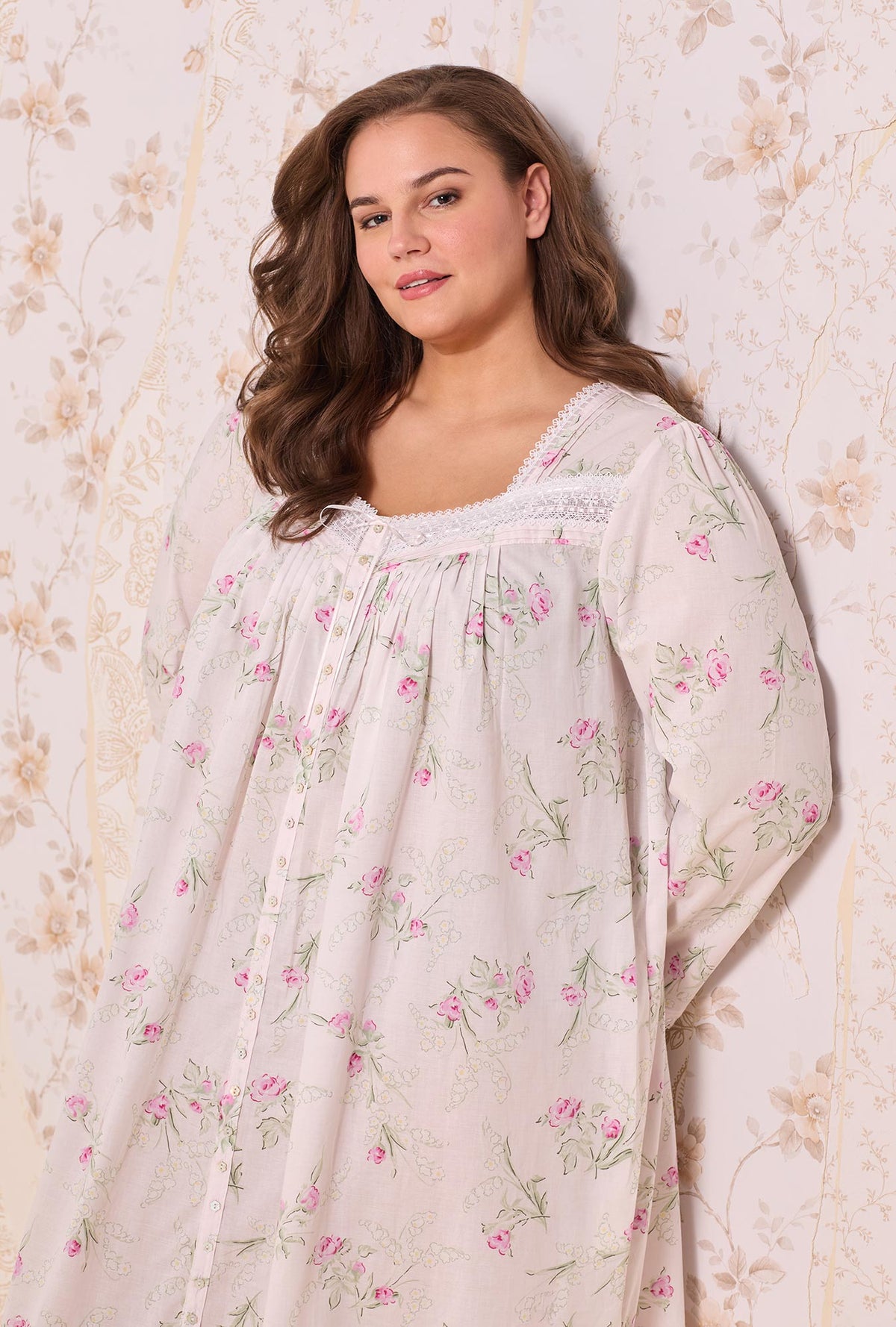 A lady Plus size wearing Blush Bouquet Cotton Lawn Button Front Robe closer good looking