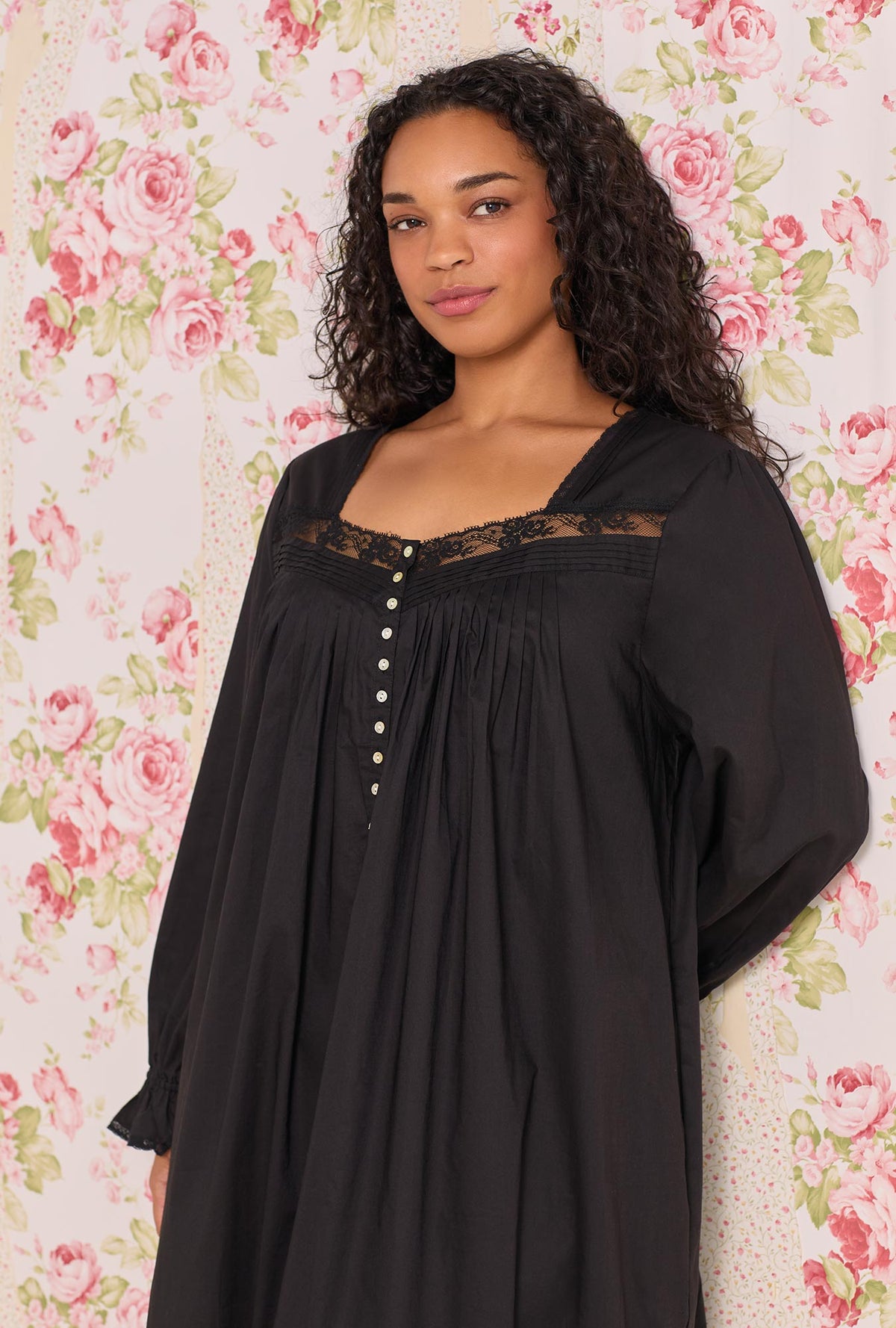 A Lady wearing Iconic Black Plus Cotton Lawn Long Sleeve Baller Nightgown