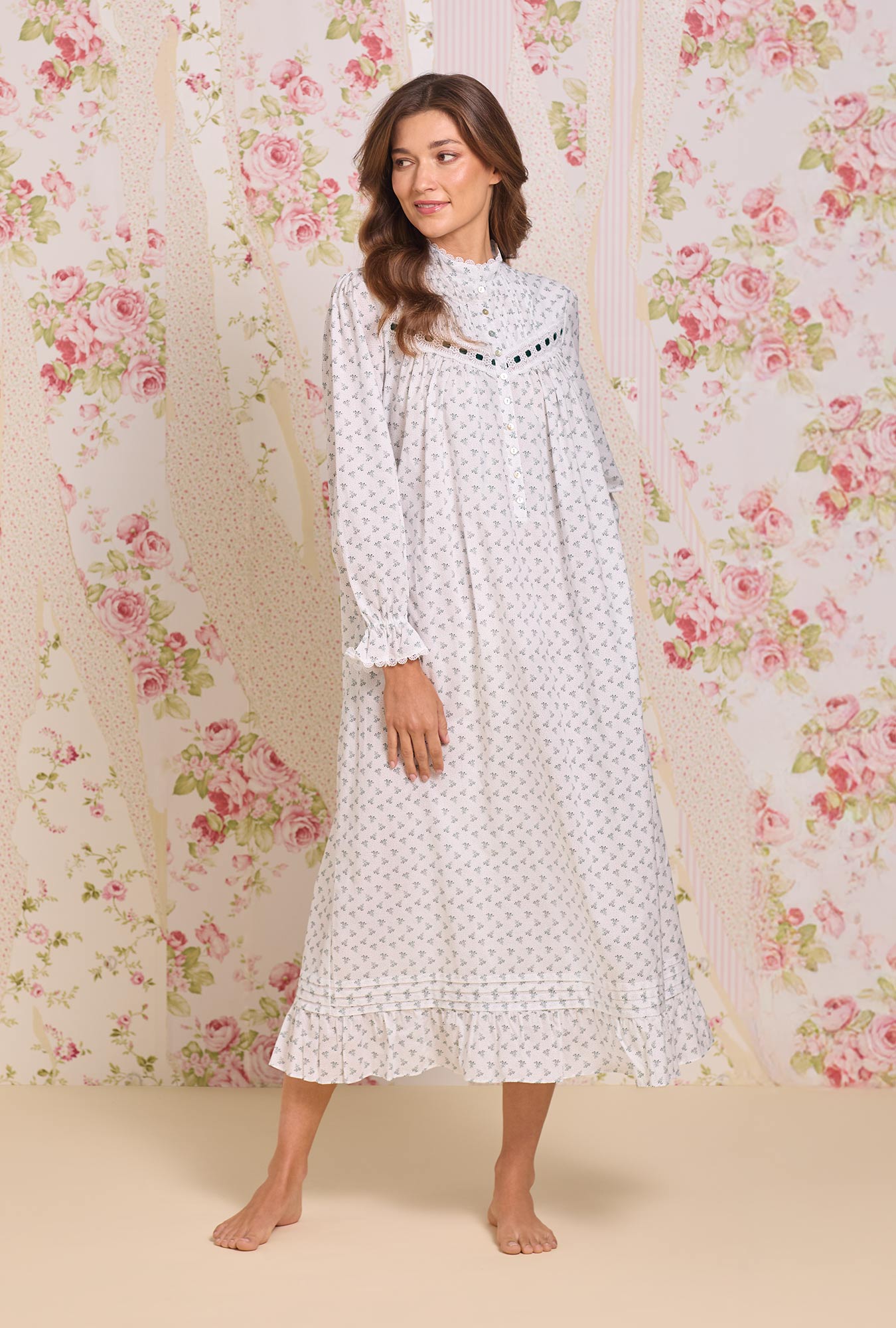 A Lady wearing Heirloom Mistletoe Long Sleeve Highneck Cotton Lawn Nightgown