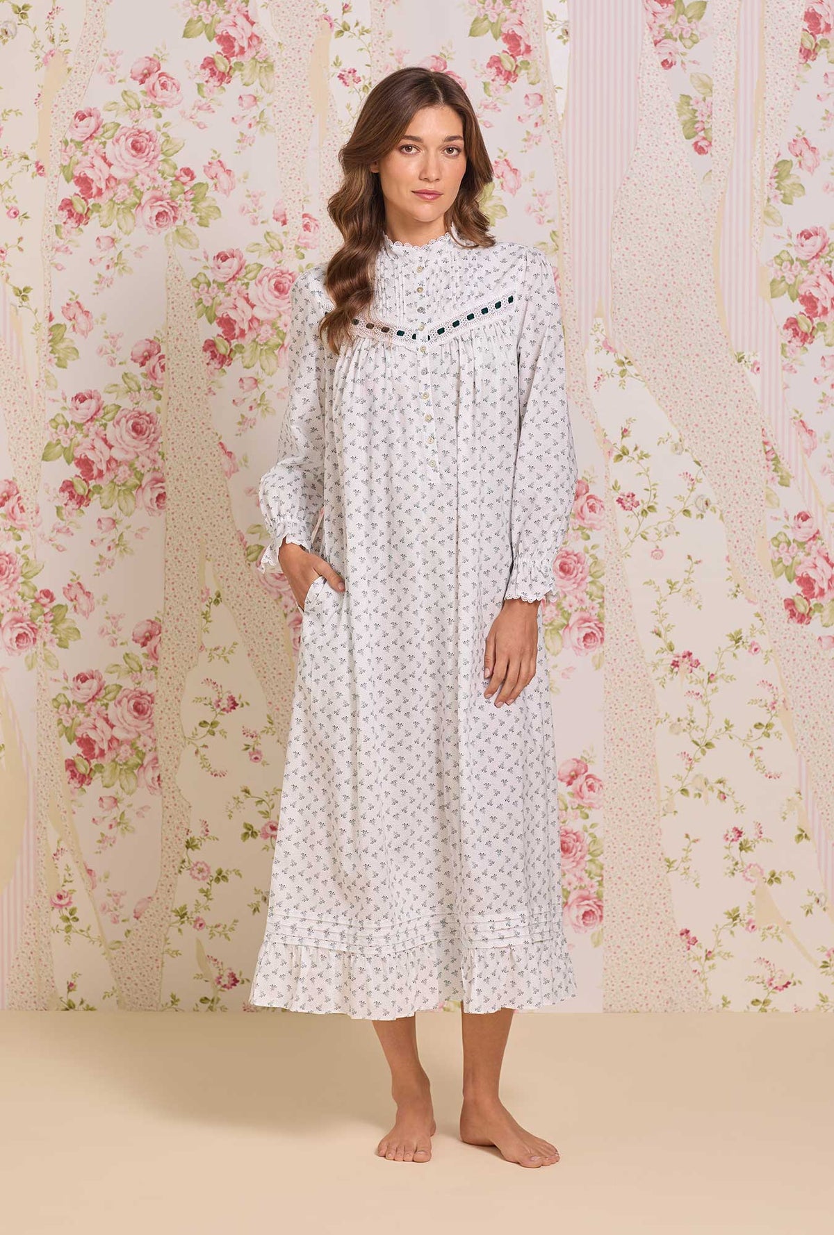A Lady wearing Heirloom Mistletoe Long Sleeve Highneck Cotton Lawn Nightgown