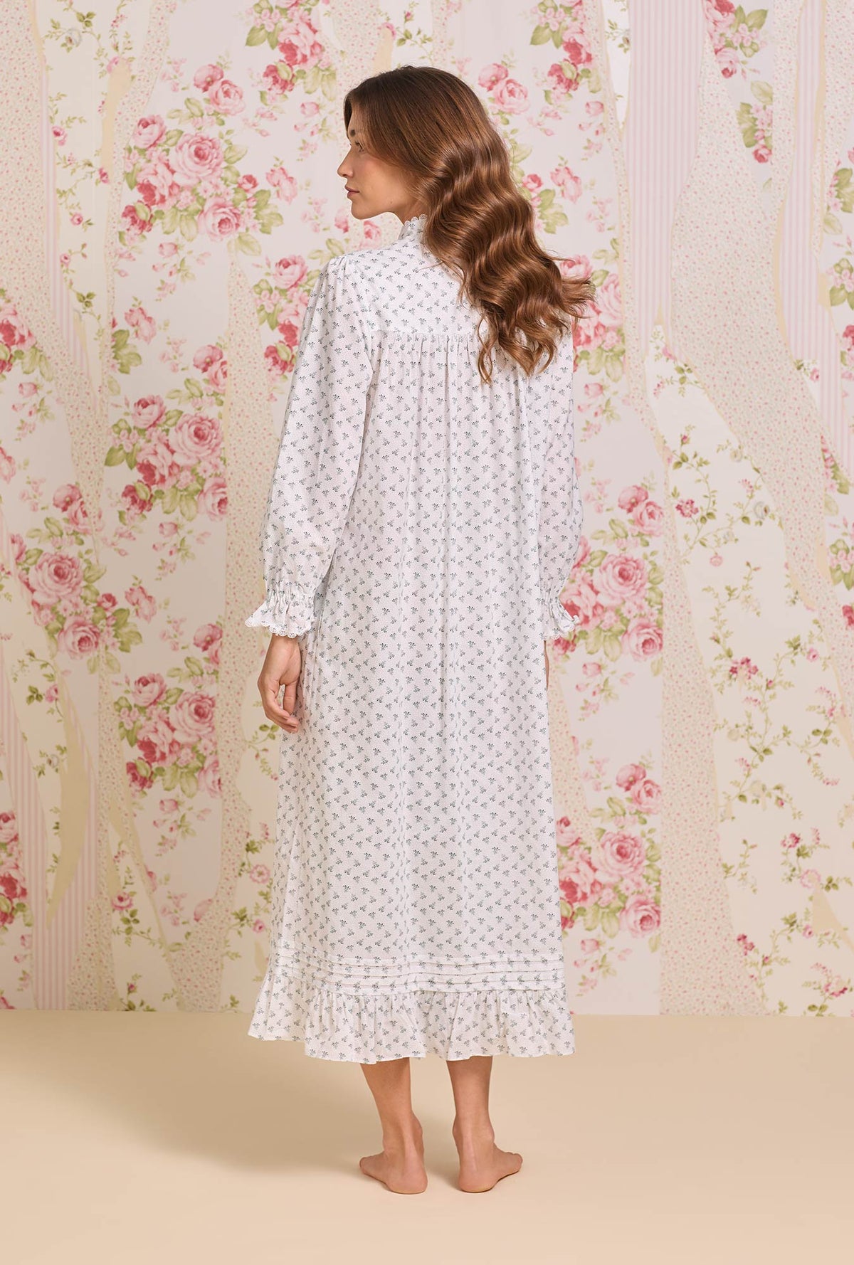 A Lady wearing Heirloom Mistletoe Long Sleeve Highneck Cotton Lawn Nightgown