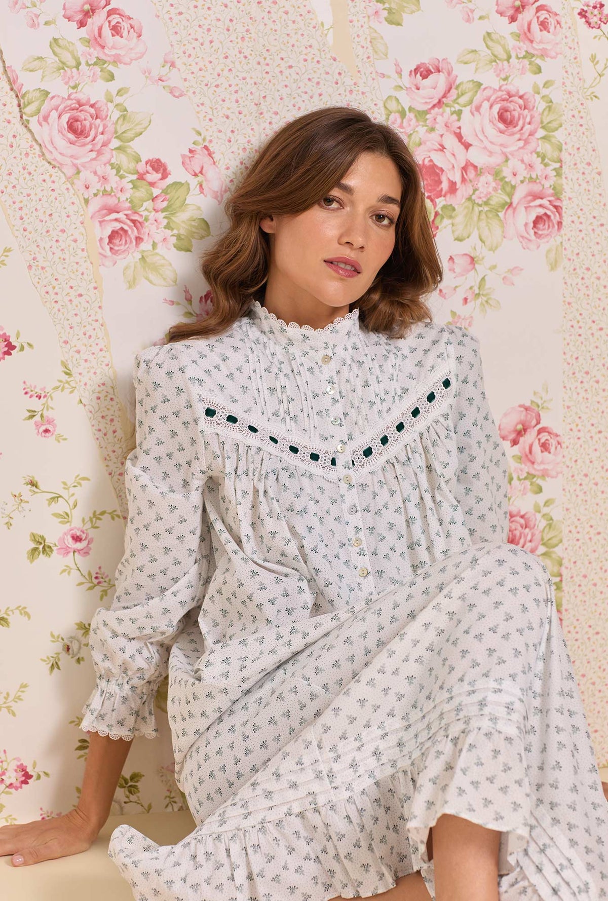 A Lady wearing Heirloom Mistletoe Long Sleeve Highneck Cotton Lawn Nightgown