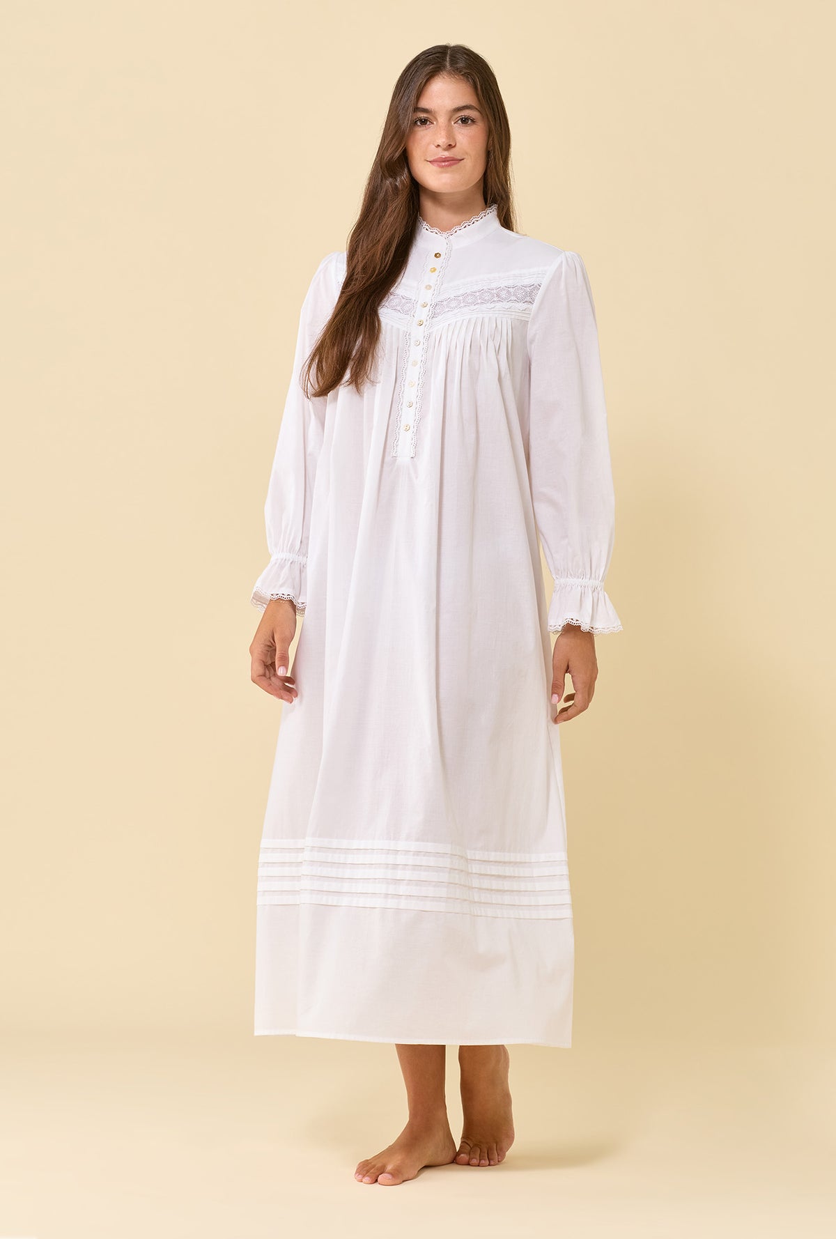 Soft White 100% Cotton Woven Lawn High Neck Long Sleeve Ballet Nightgown