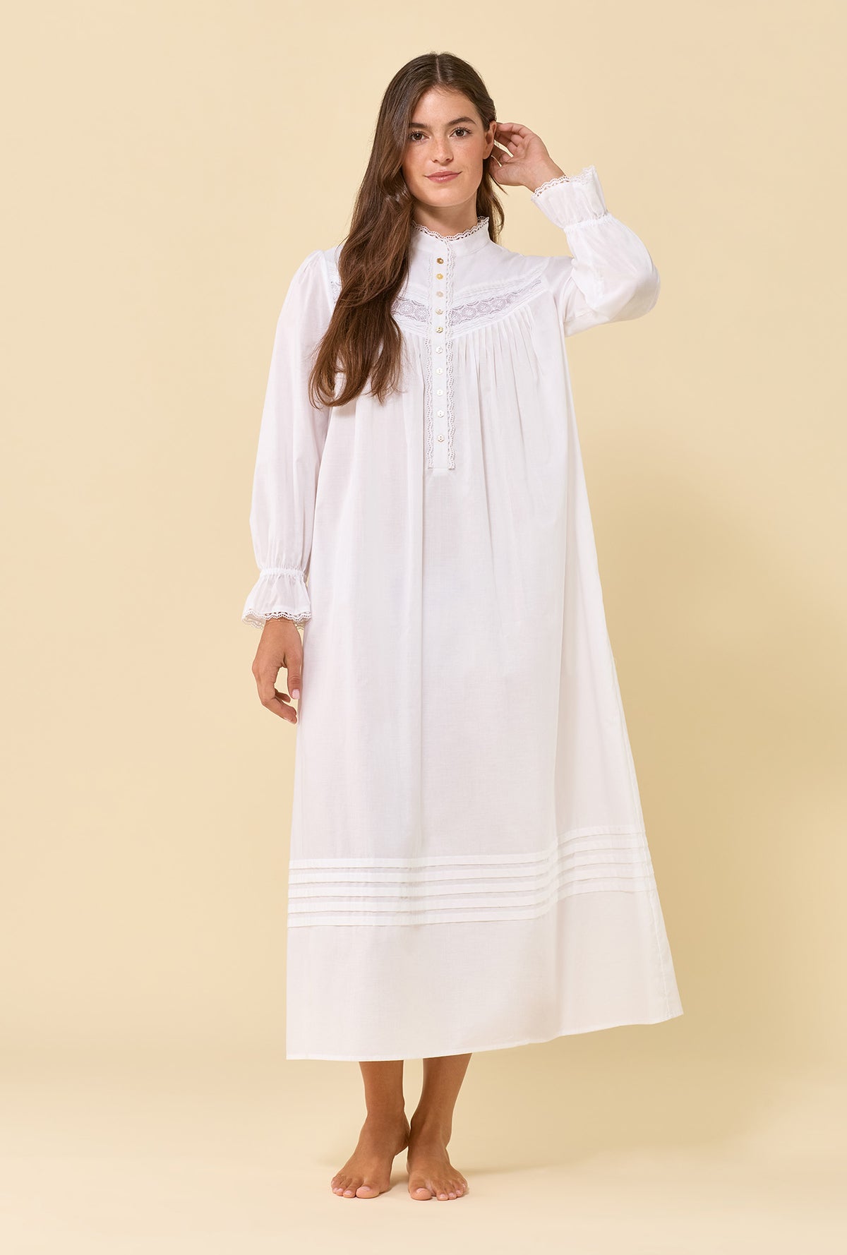 Soft White 100% Cotton Woven Lawn High Neck Long Sleeve Ballet Nightgown