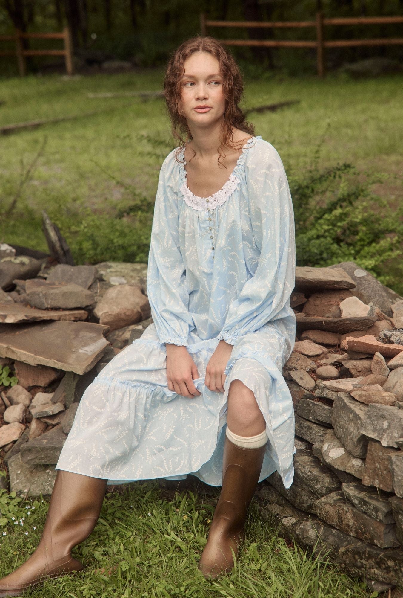 A lady wearing The "Collette" Moonlit Lily Cotton Lawn Ballet Nightgown