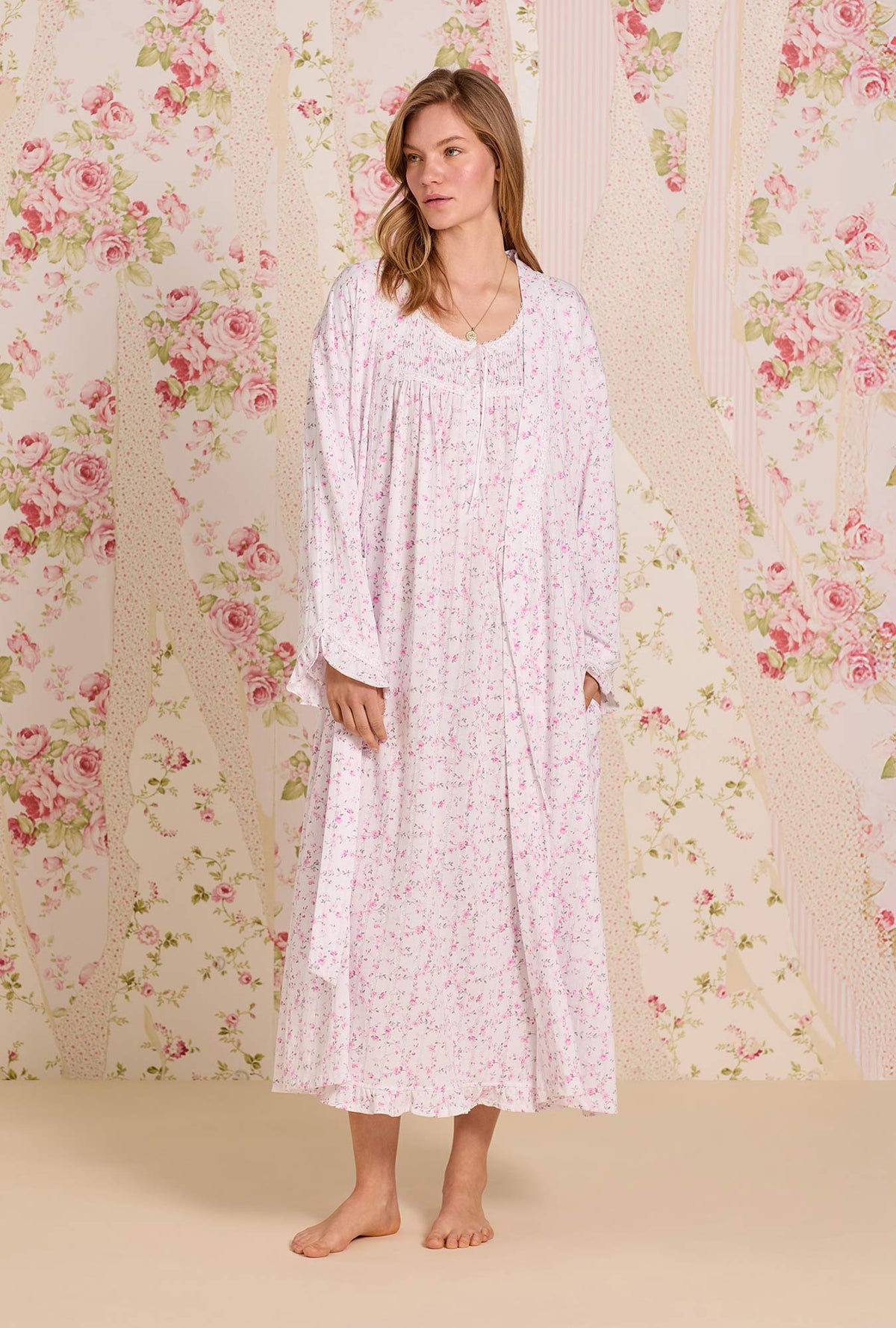 A lady wearing Rosevine Whisper Cotton Pointelle Wrap Robe