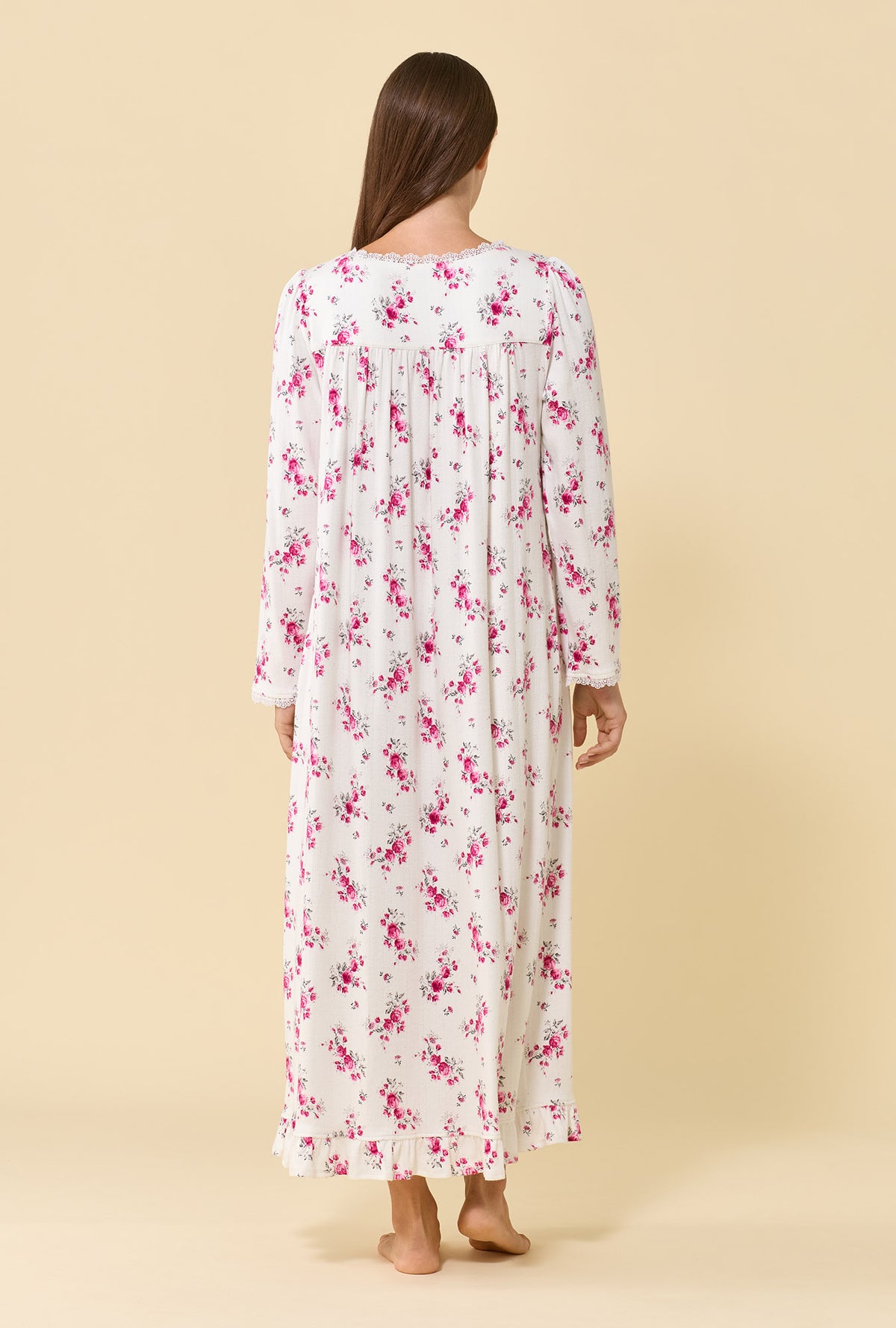 A lady wearing Crimson Posy Brushed Pointelle Long Sleeve Ballet Nightgown