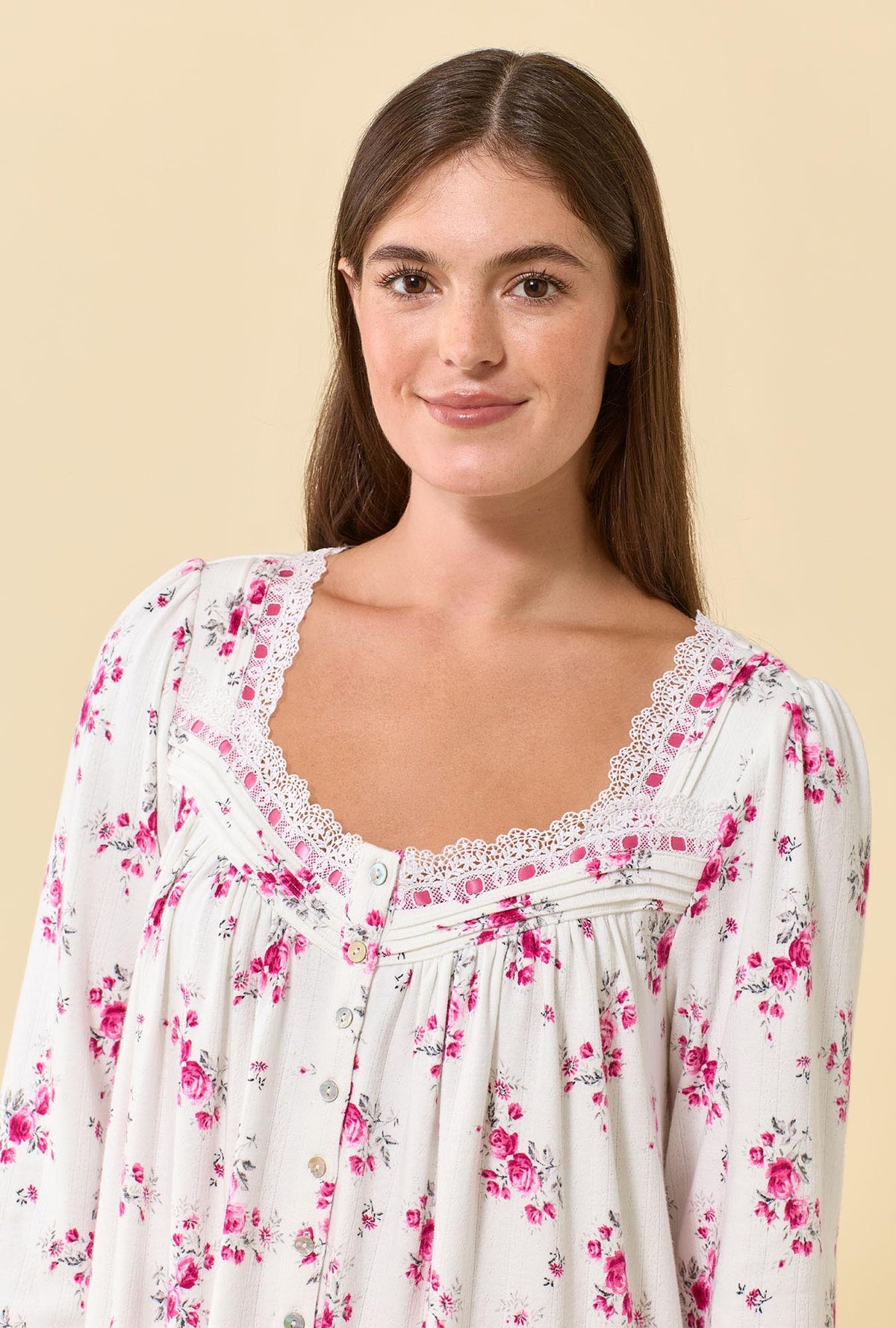 A lady wearing Crimson Posy Brushed Pointelle Long Sleeve Ballet Nightgown