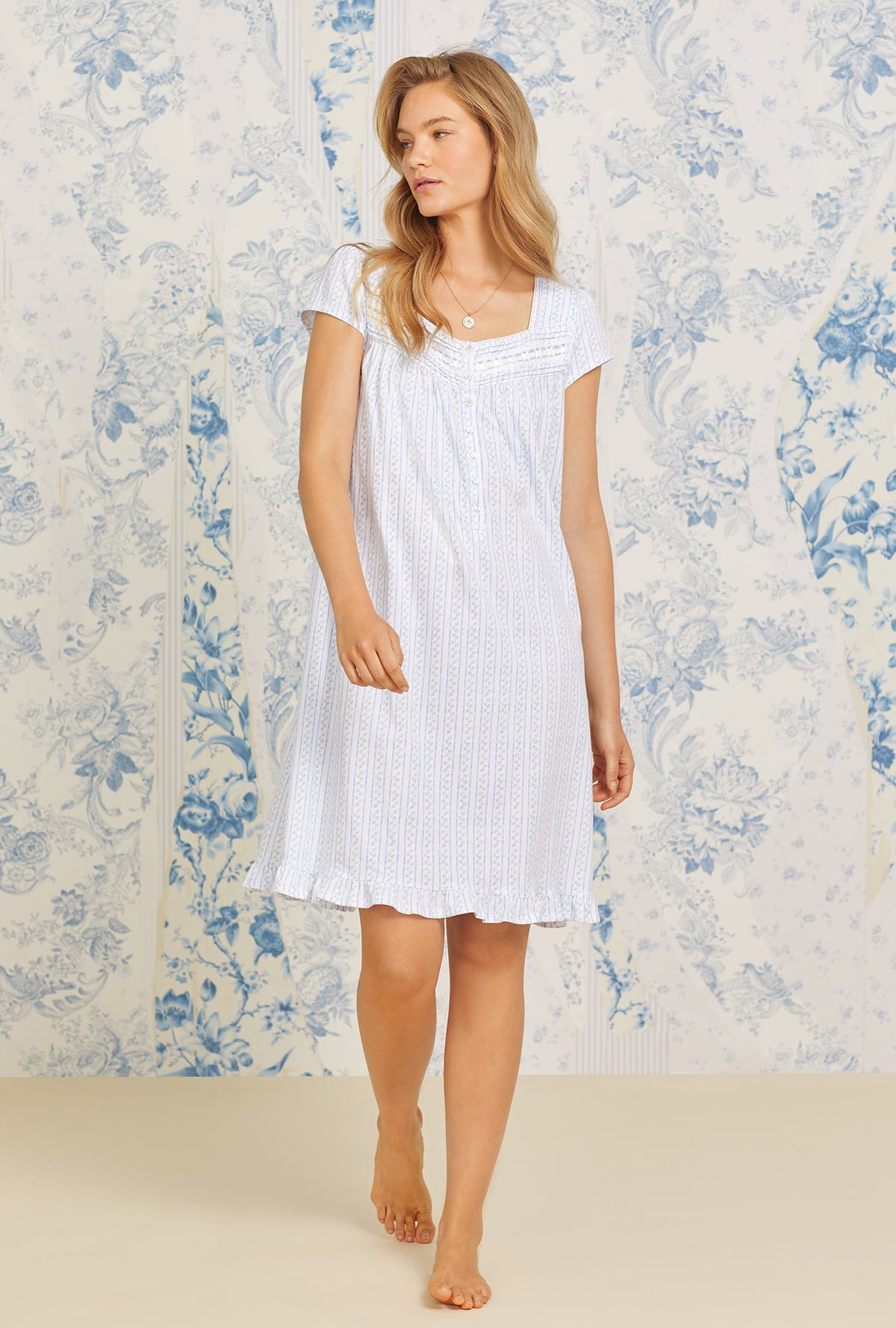 A lady wearing Forget Me Not Stripe Short Cotton Knit Nightgown