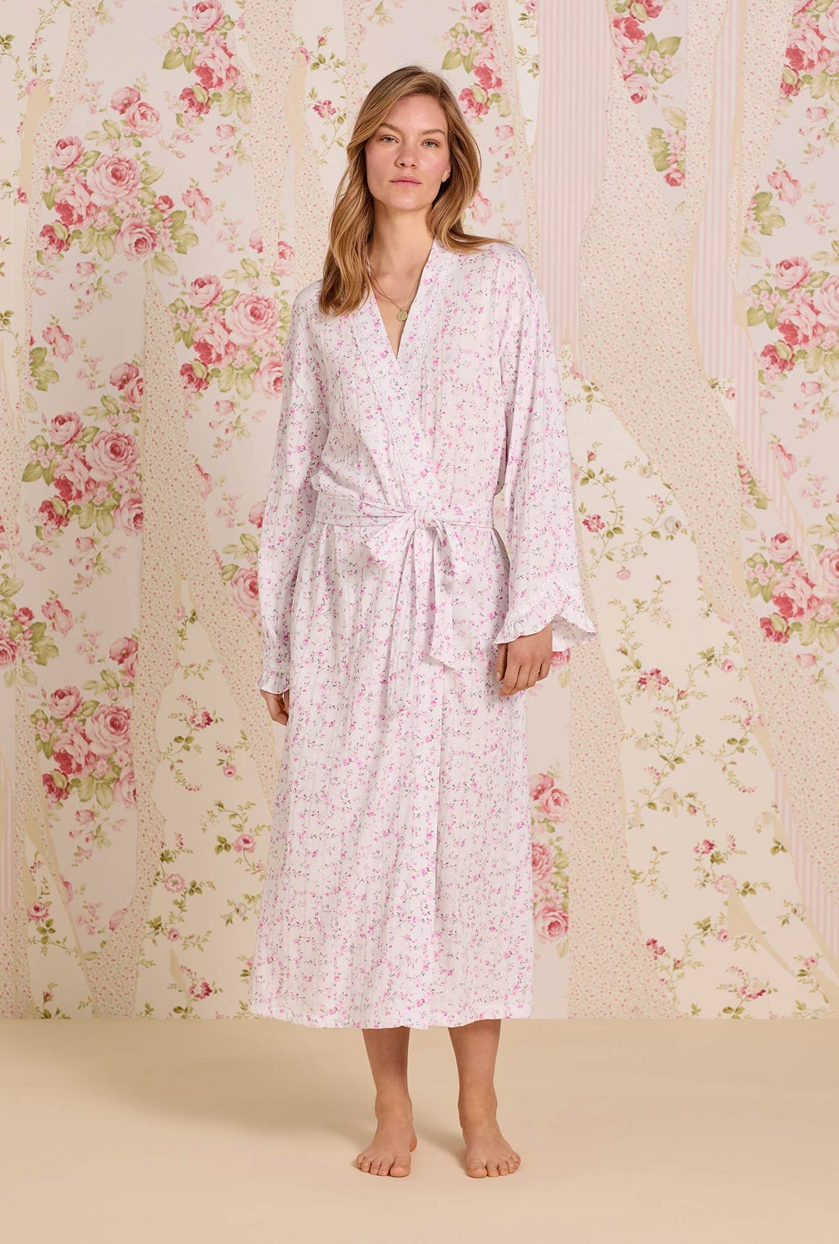 A lady wearing Rosevine Whisper Cotton Pointelle Wrap Robe