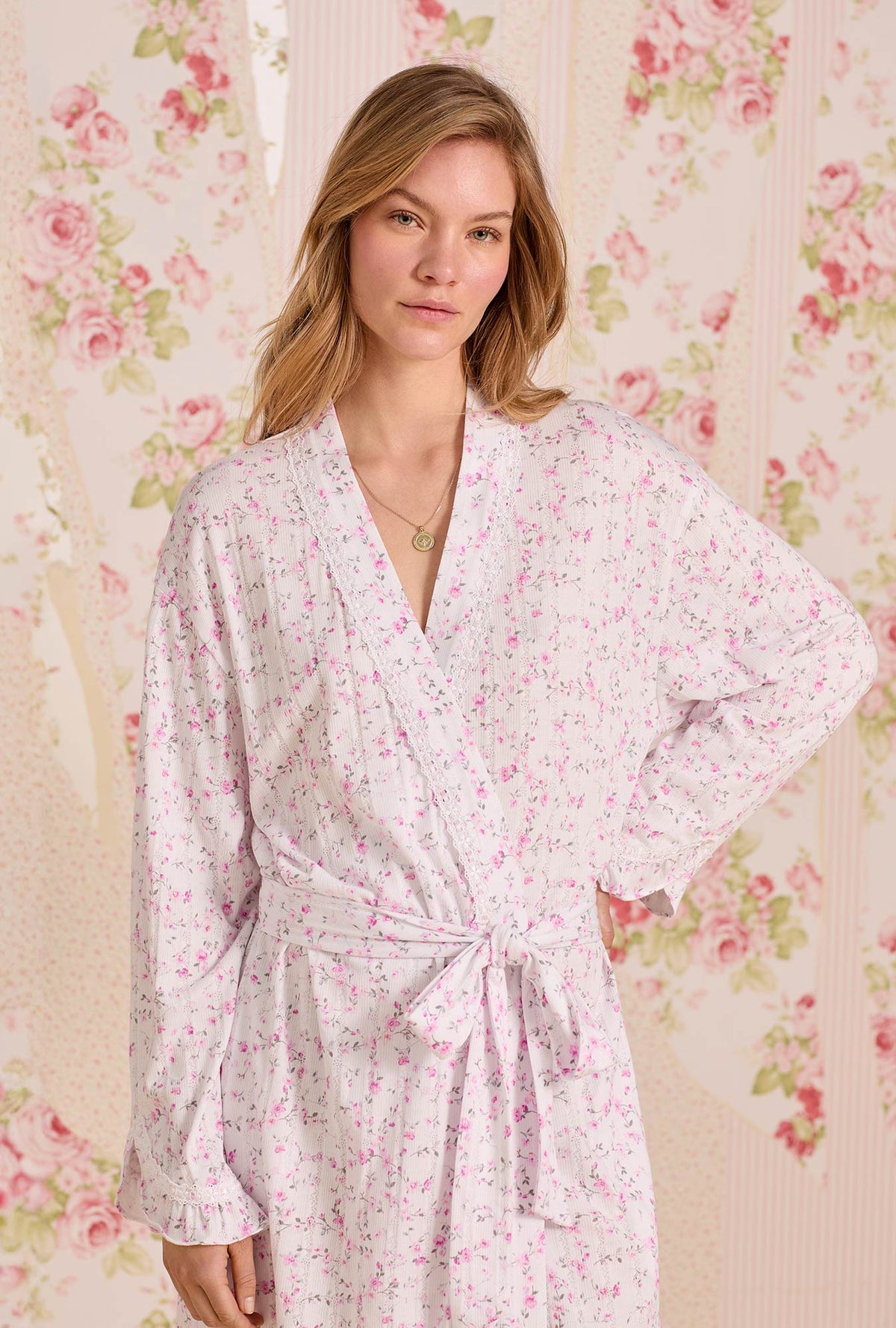 A lady wearing Rosevine Whisper Cotton Pointelle Wrap Robe