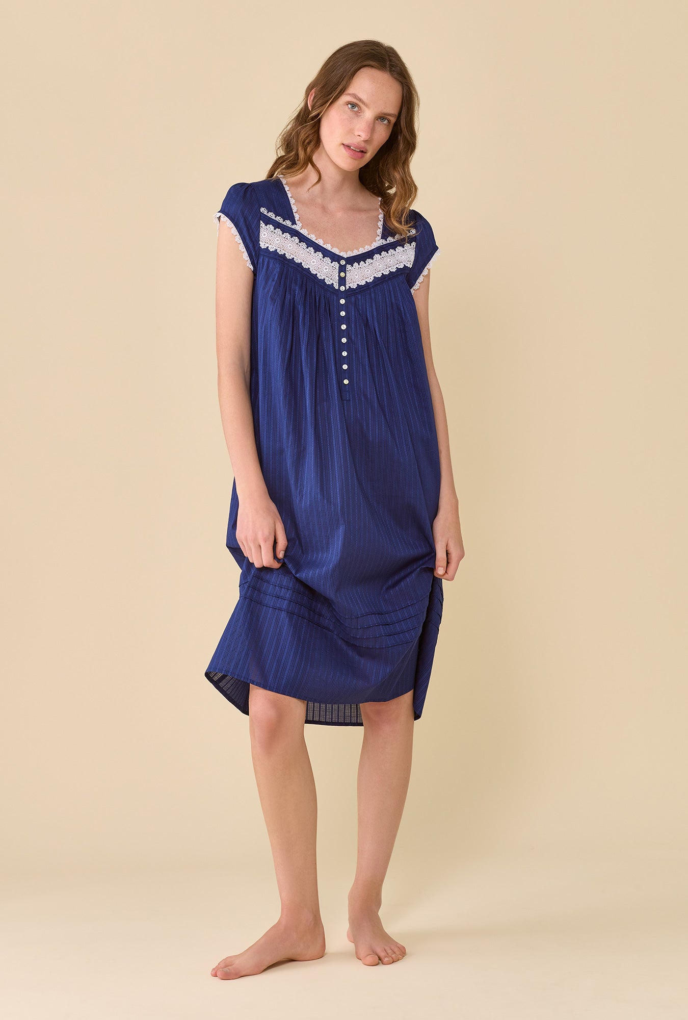 A lady wearing Navy The Alice Cotton Dobby Stripe Nightgown looking front