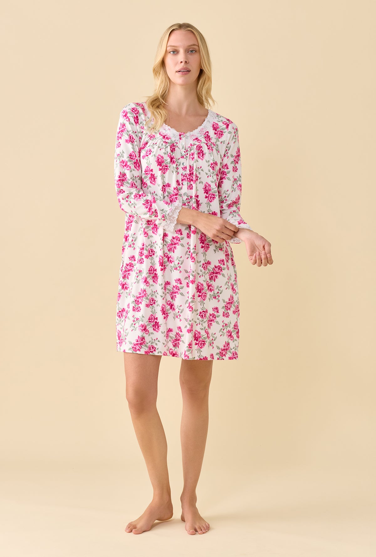 A lady wearing Jubilee Fleur Dreamy Sweater Knit Long Sleeve Nightshirt