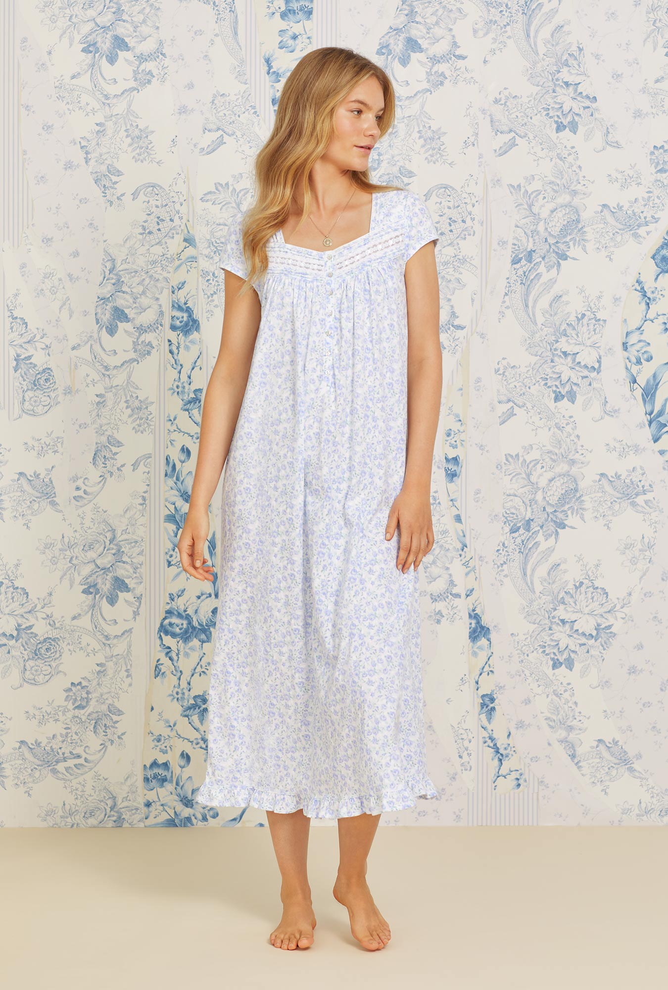 A lady wearing Garden Bouquet Long Cotton Knit Nightgown