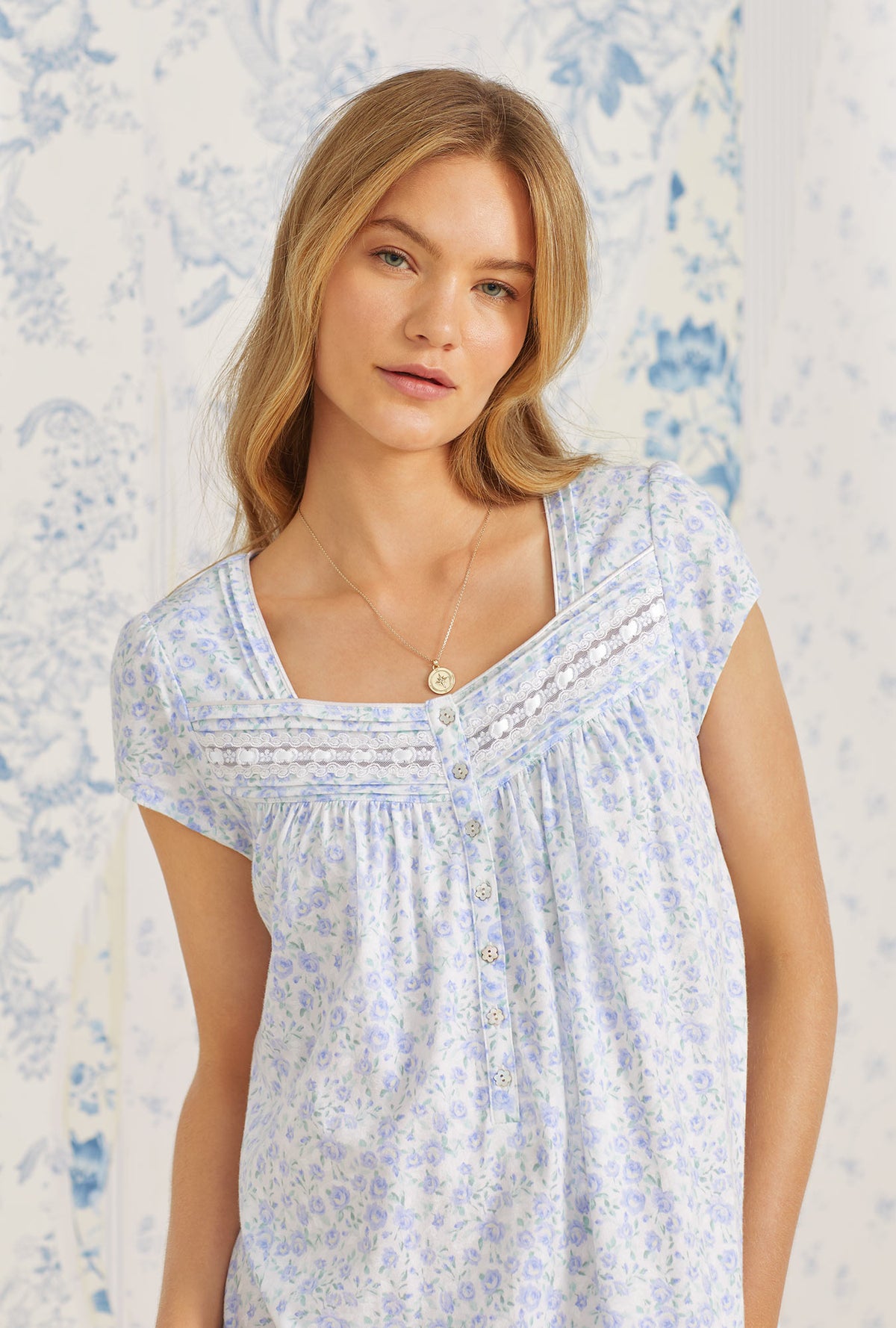 A lady wearing Garden Bouquet Long Cotton Knit Nightgown