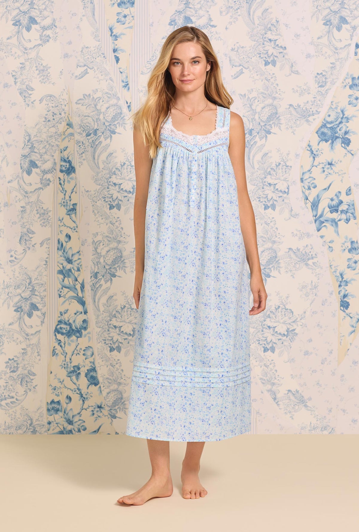 A lady wearing Watercolor Floral &quot;Eileen&quot; Cotton Lawn Nightgown