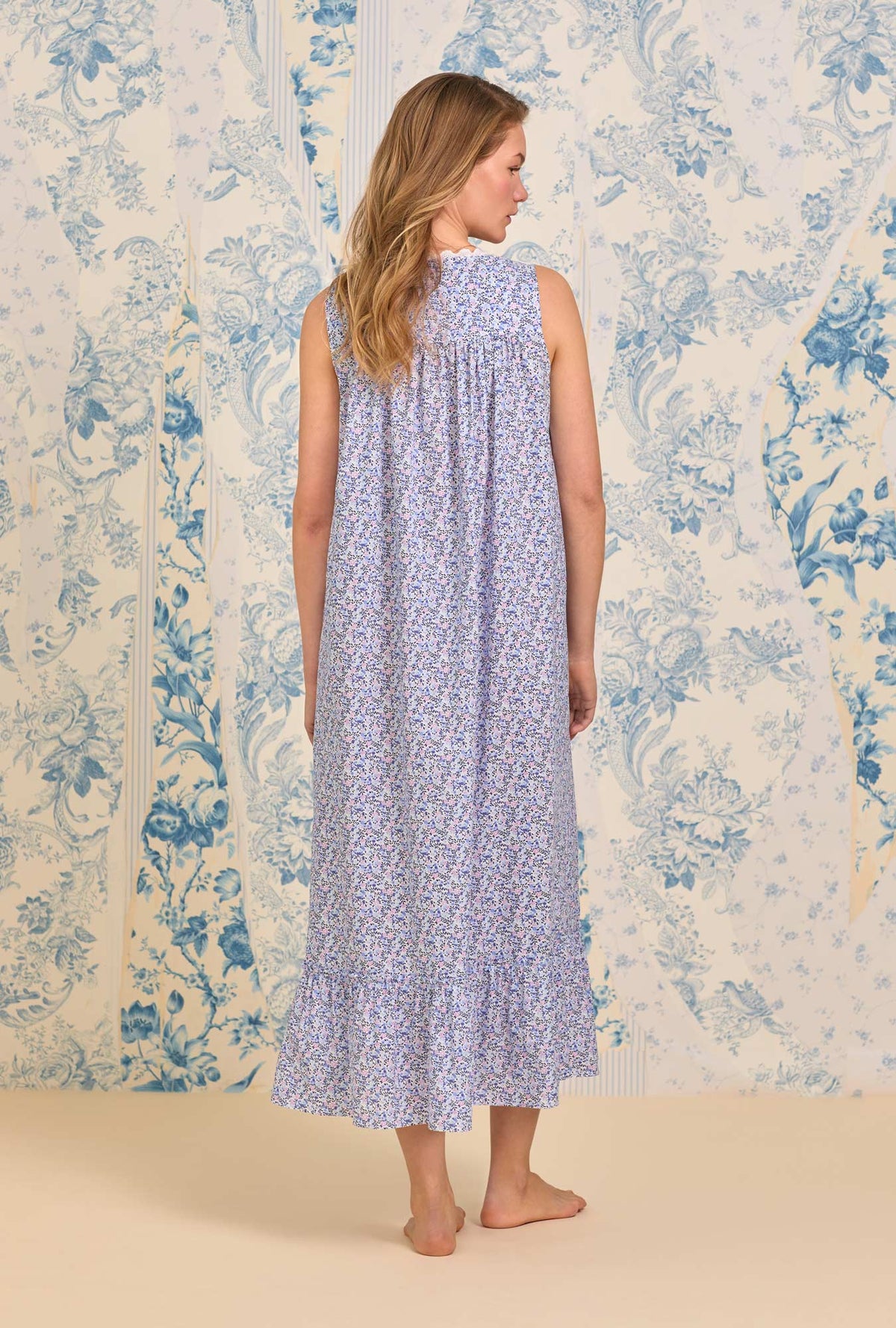 A lady wearing Wildflower Garden &quot;Eileen&quot; Cotton Lawn Ballet Nightgown
