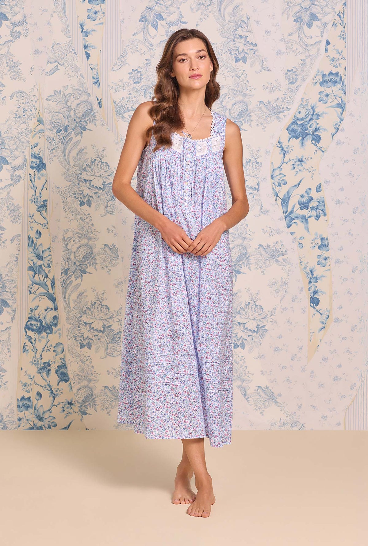 a lady wearing The "Eileen" Wintertide Ditsy Cotton Lawn Ballet Nightgown
