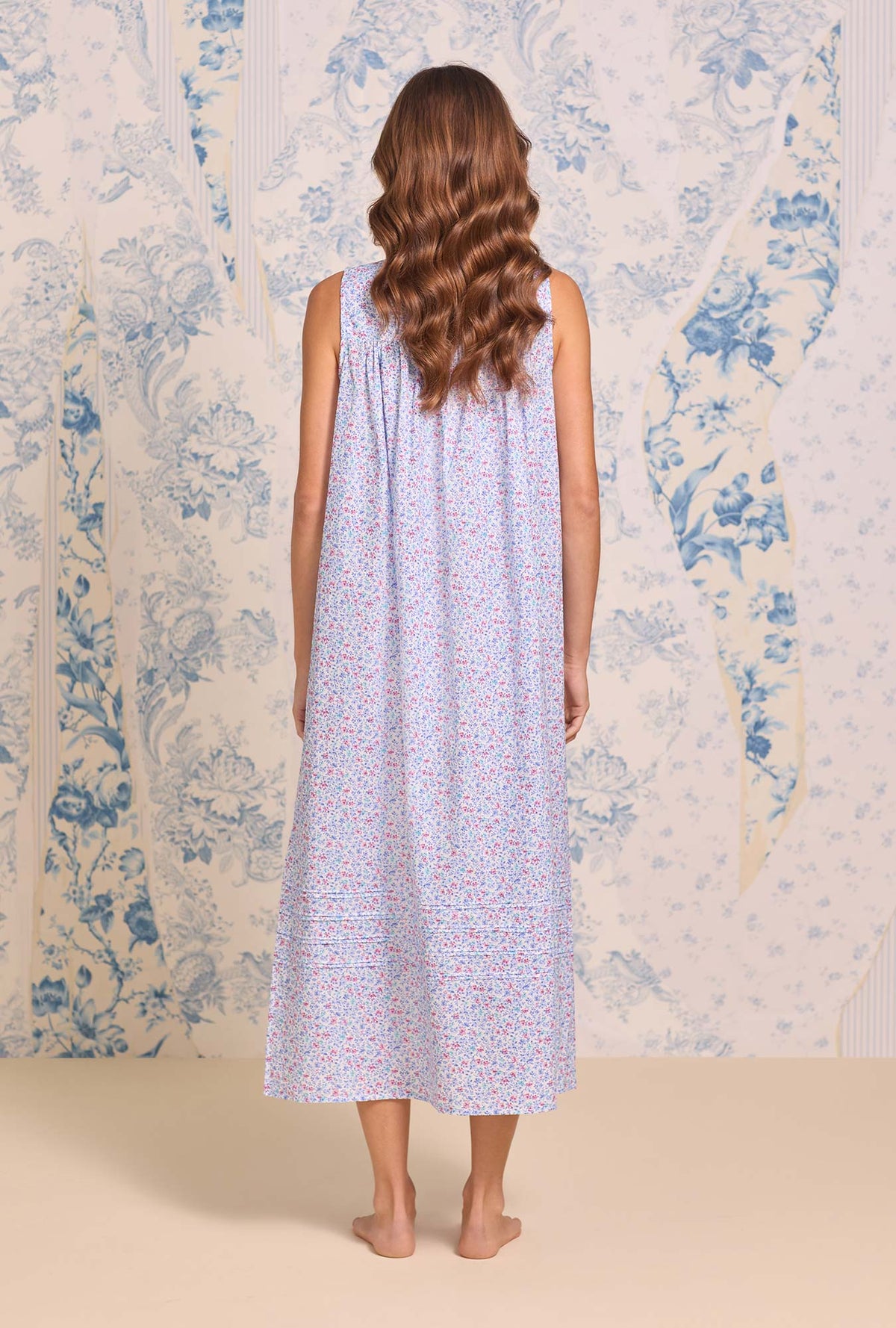 a lady wearing The "Eileen" Wintertide Ditsy Cotton Lawn Ballet Nightgown
